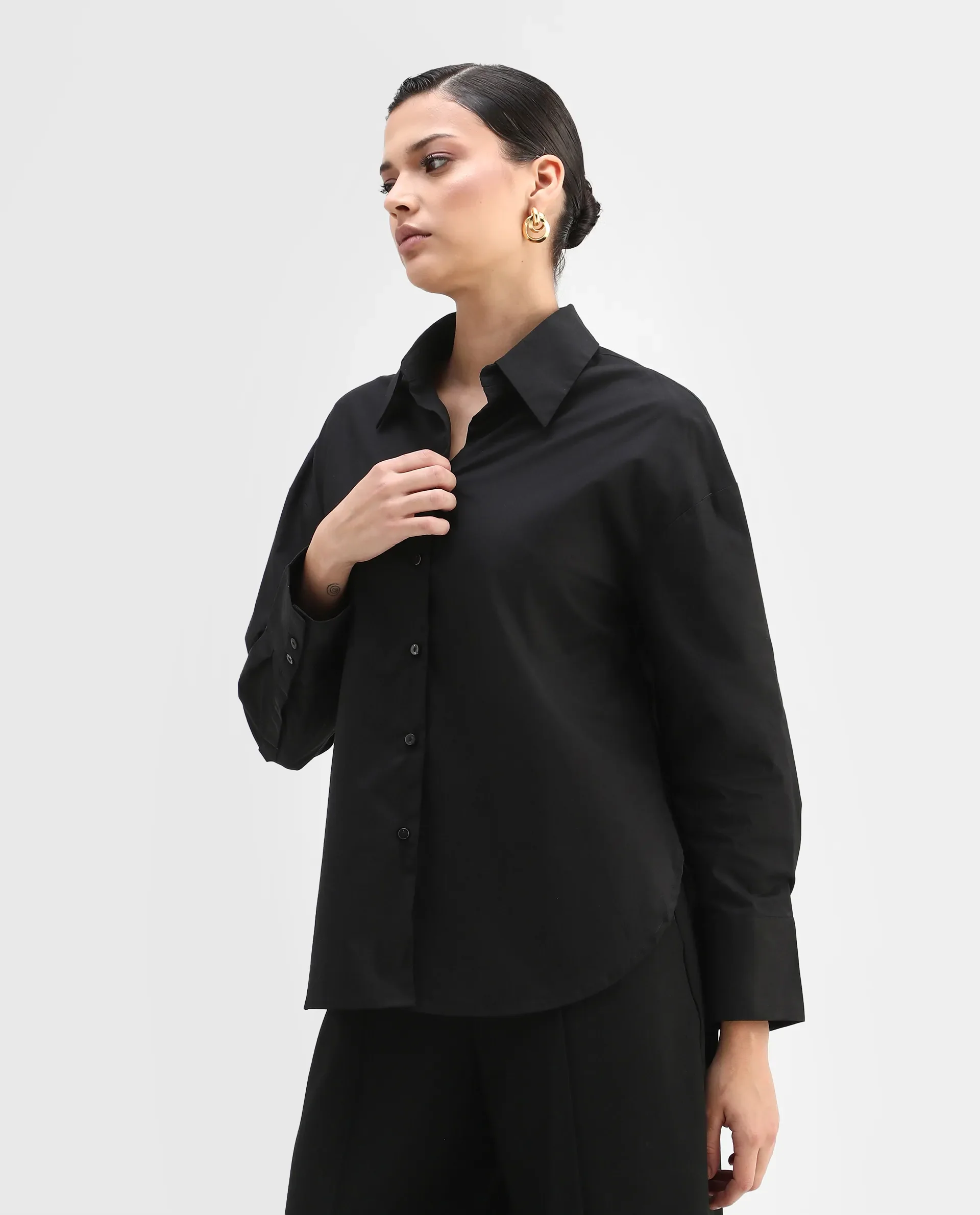 Rareism Women's Matsue Black Drop Collar Plain Cuffed Sleeve Boxy Fit Shirt - Image 6