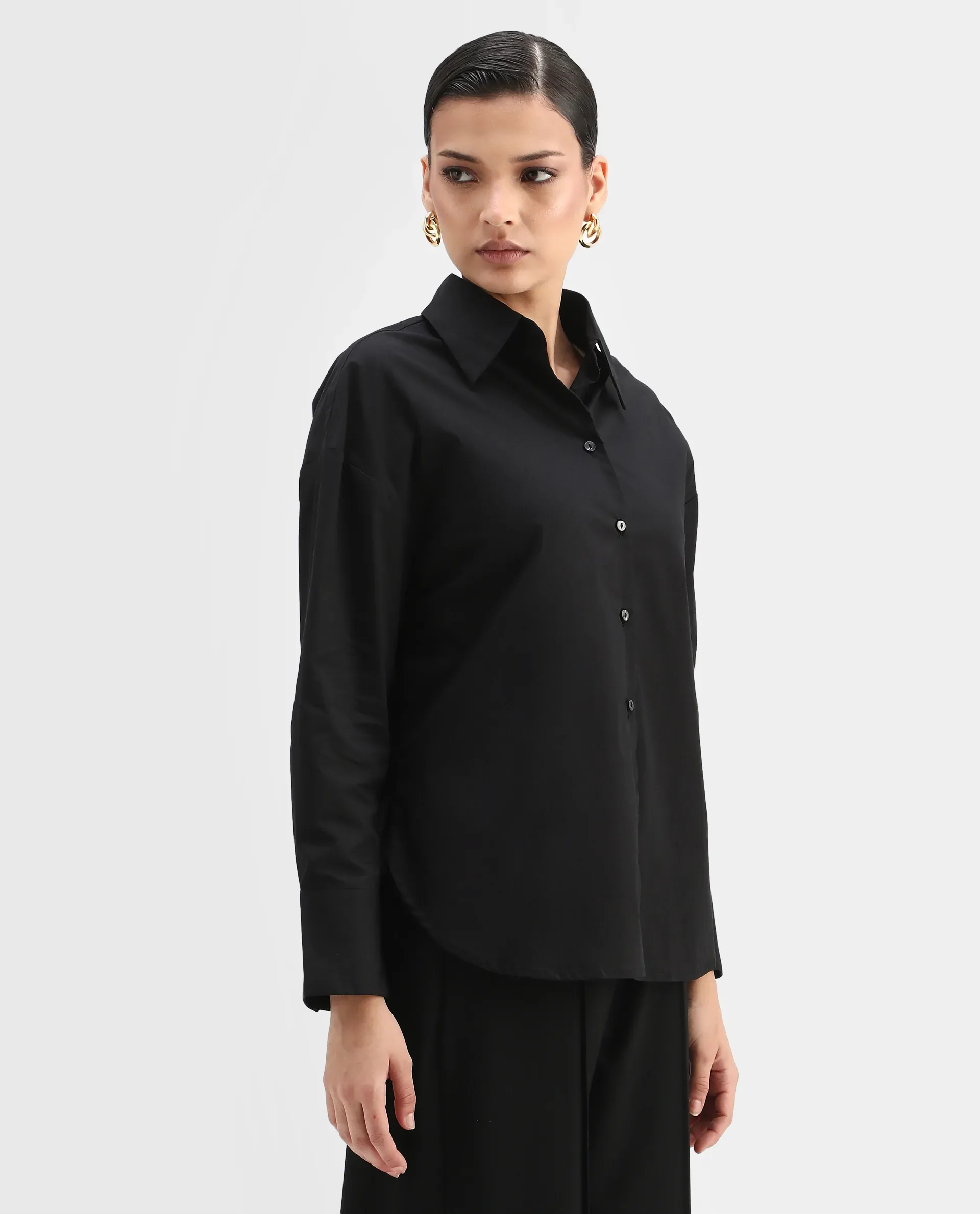 Rareism Women's Matsue Black Drop Collar Plain Cuffed Sleeve Boxy Fit Shirt - Image 7