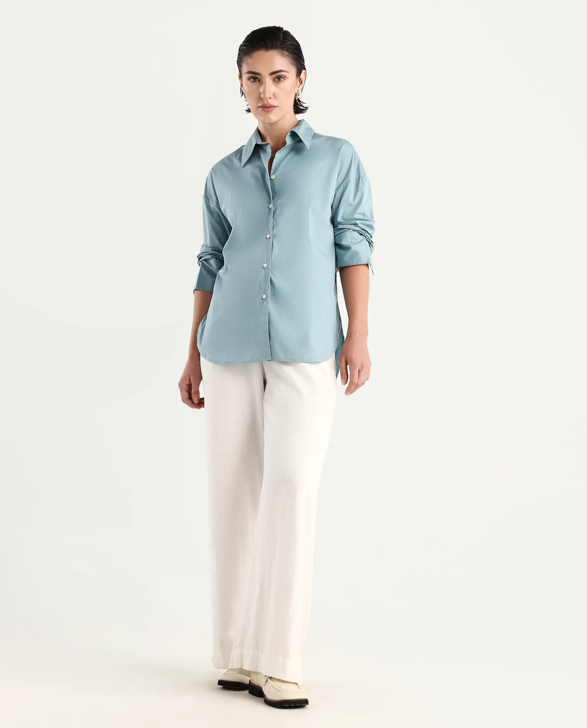 Rareism Women's Matsue Light Blue Drop Collar Plain Cuffed Sleeve Boxy Fit Shirt