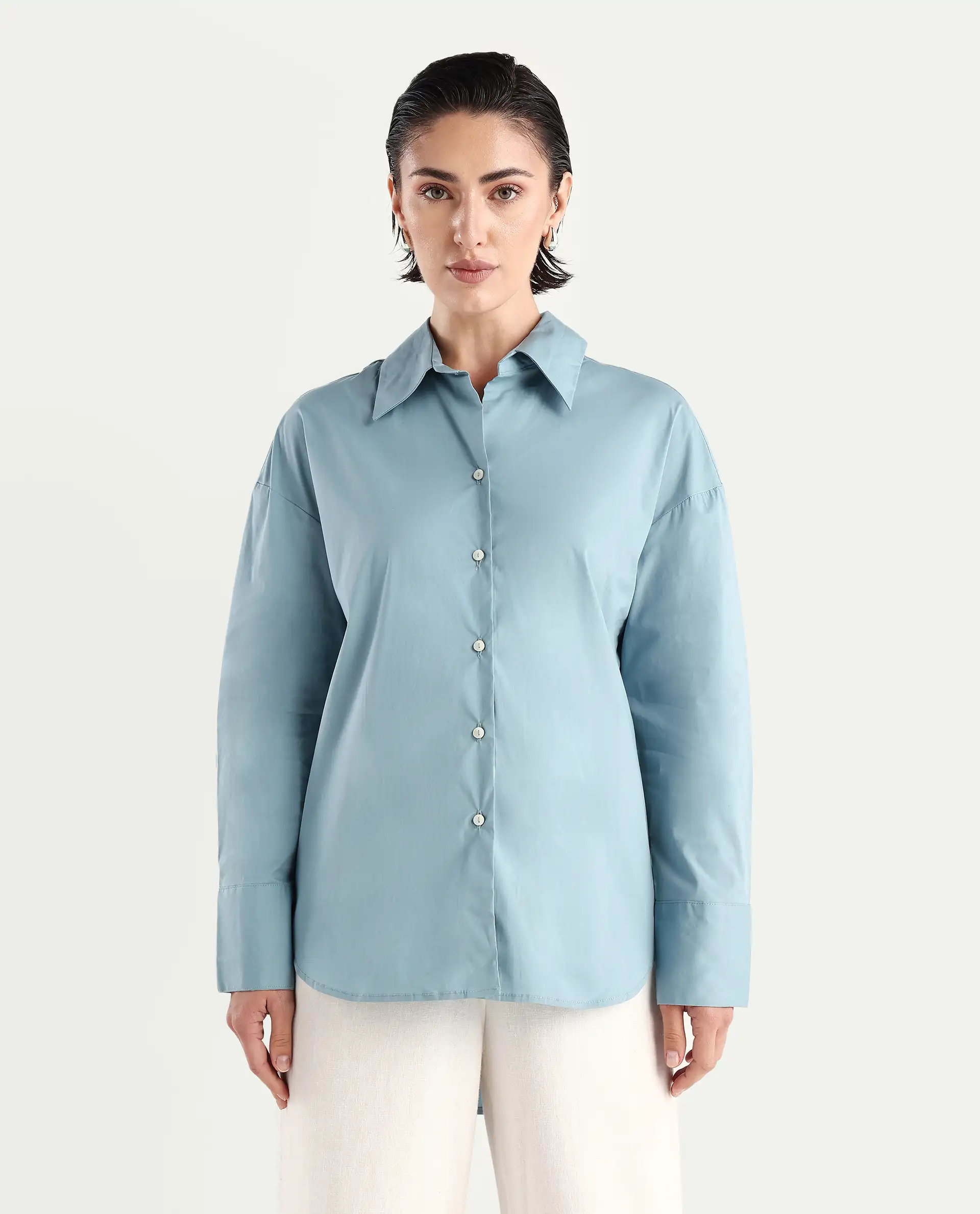 Rareism Women's Matsue Light Blue Drop Collar Plain Cuffed Sleeve Boxy Fit Shirt - Image 2