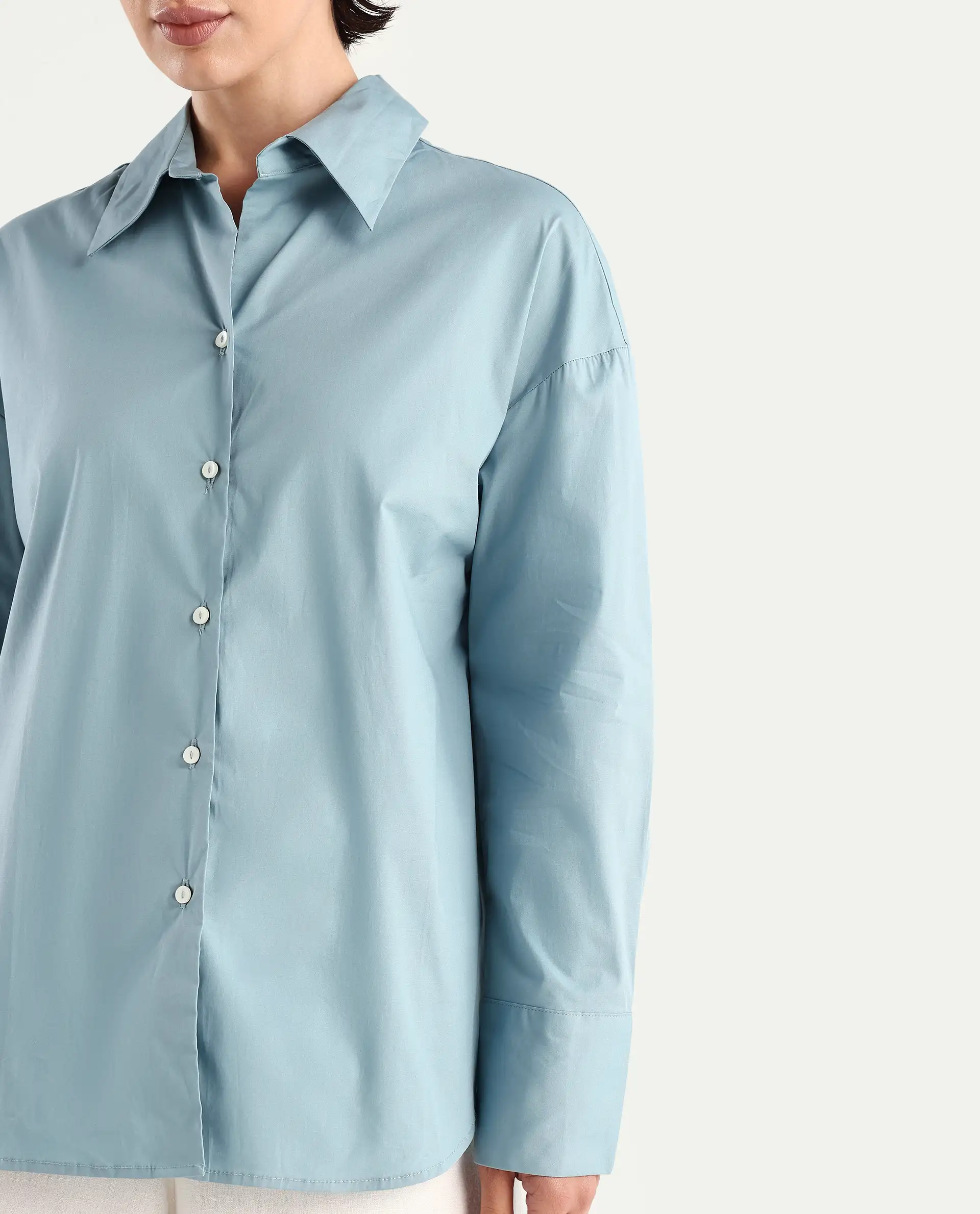 Rareism Women's Matsue Light Blue Drop Collar Plain Cuffed Sleeve Boxy Fit Shirt - Image 3