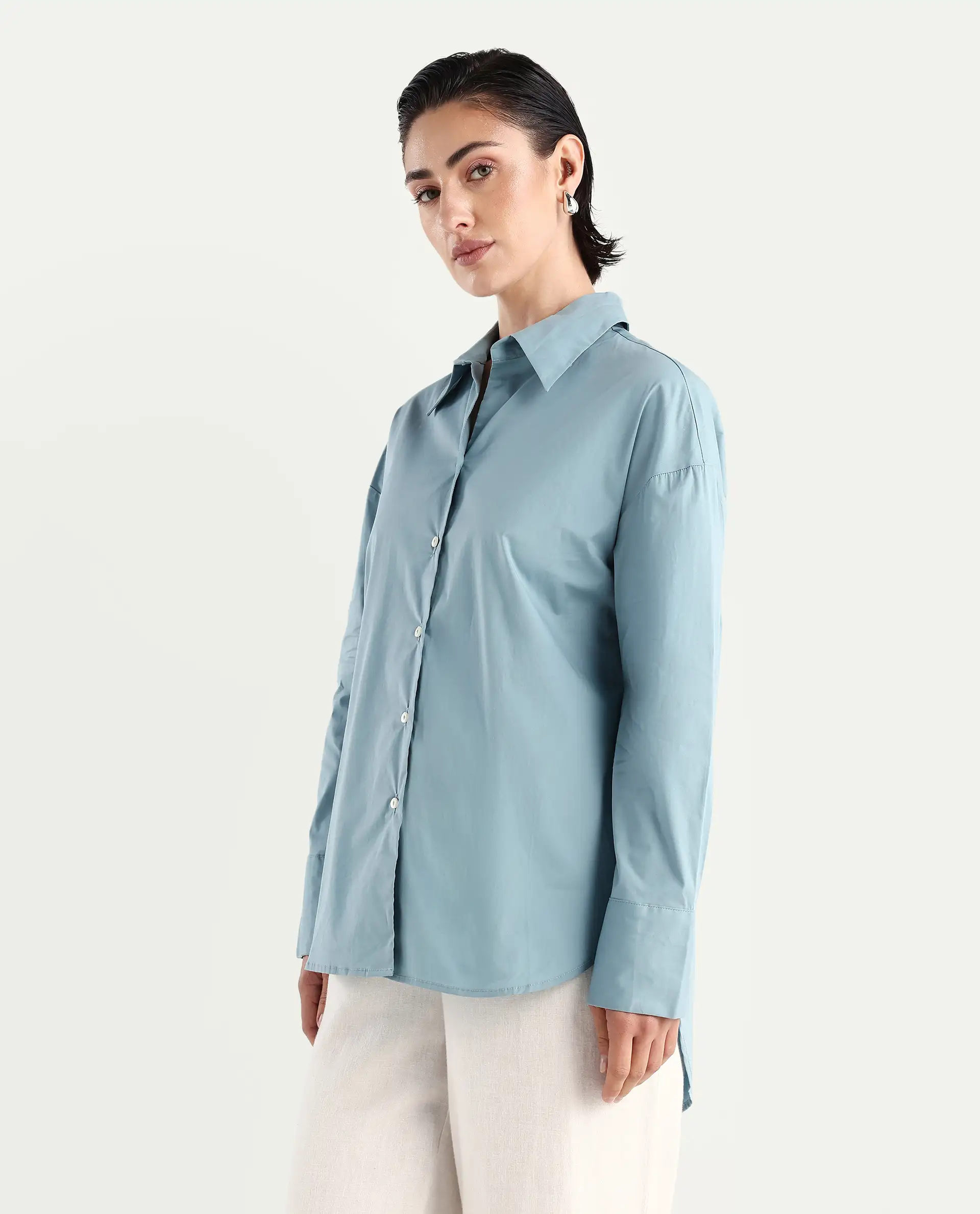 Rareism Women's Matsue Light Blue Drop Collar Plain Cuffed Sleeve Boxy Fit Shirt - Image 4