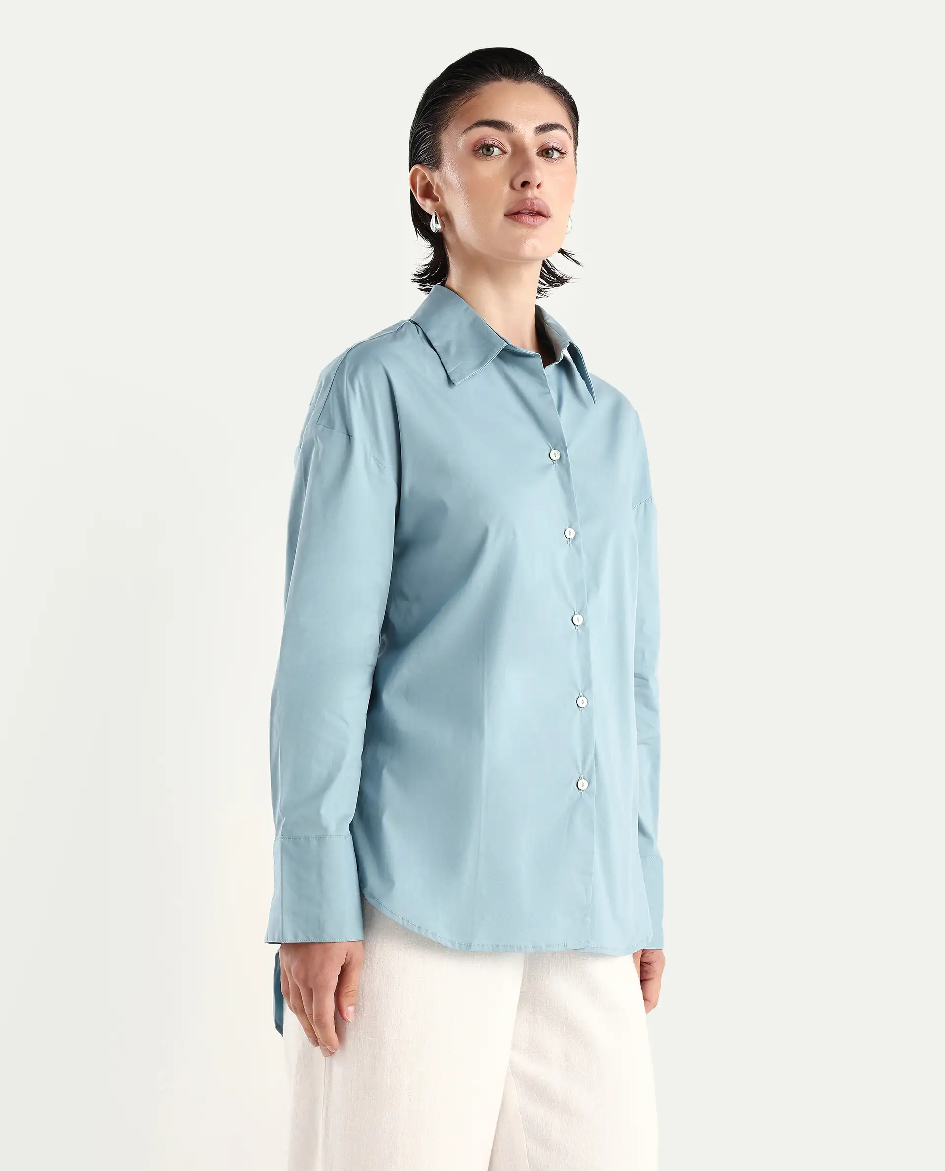 Rareism Women's Matsue Light Blue Drop Collar Plain Cuffed Sleeve Boxy Fit Shirt - Image 5