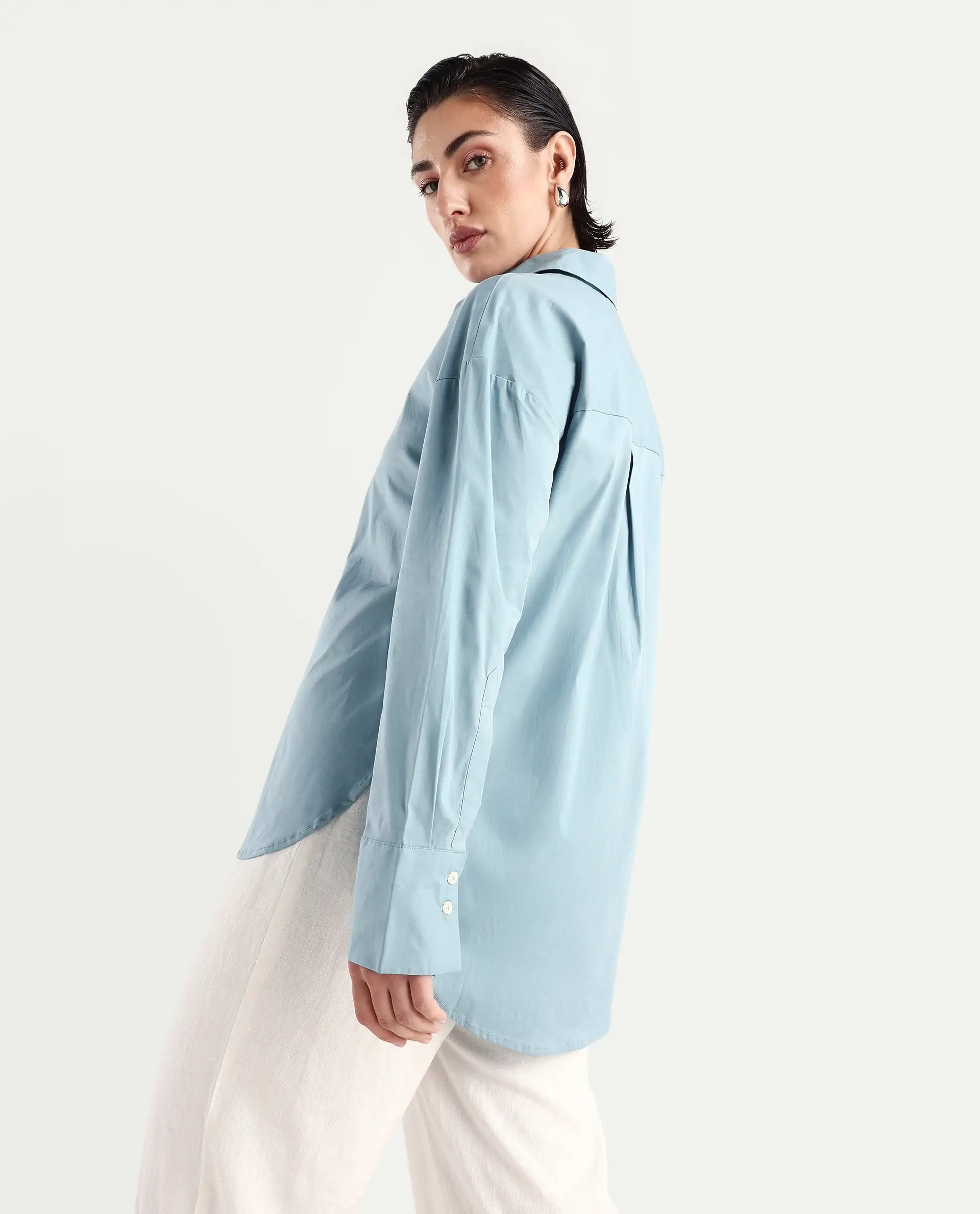 Rareism Women's Matsue Light Blue Drop Collar Plain Cuffed Sleeve Boxy Fit Shirt - Image 6