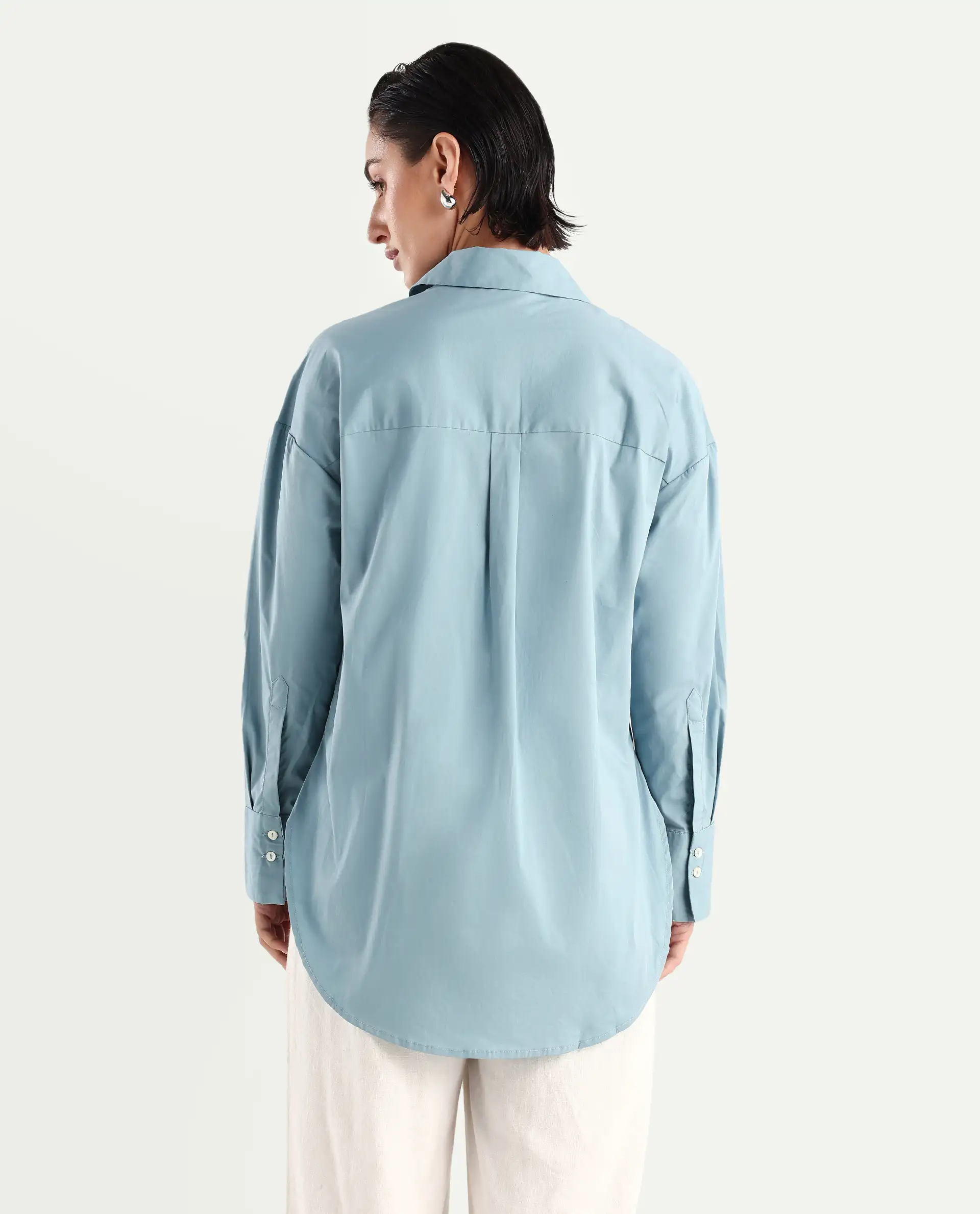 Rareism Women's Matsue Light Blue Drop Collar Plain Cuffed Sleeve Boxy Fit Shirt - Image 7