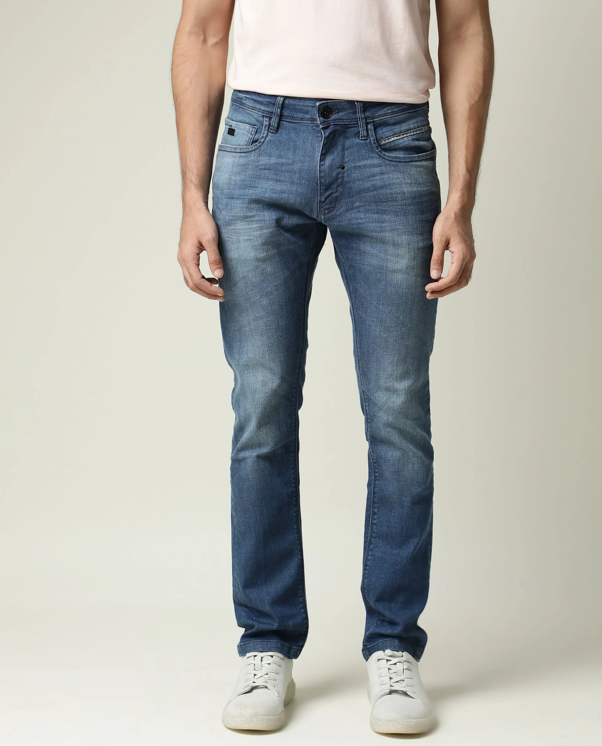 Rare Rabbit Men's Matt-2 Blue Cotton Plain Hawk Slim Fit Jeans