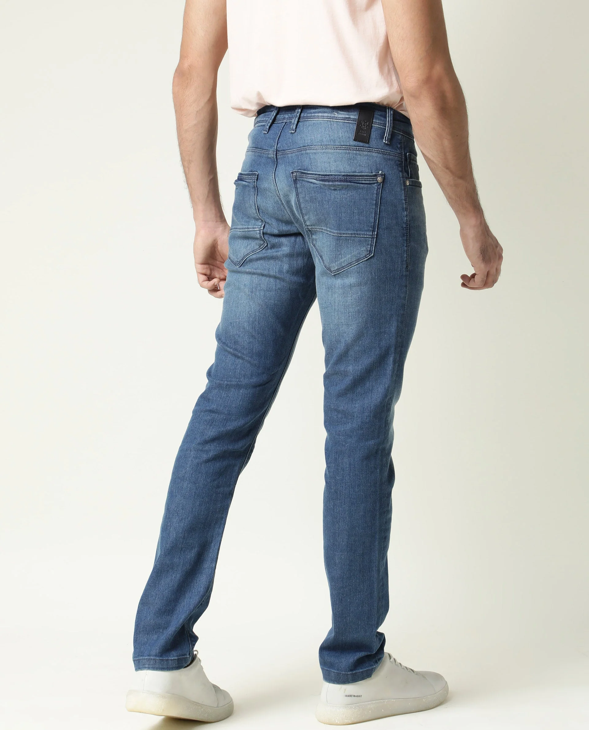 Rare Rabbit Men's Matt-2 Blue Cotton Plain Hawk Slim Fit Jeans - Image 12