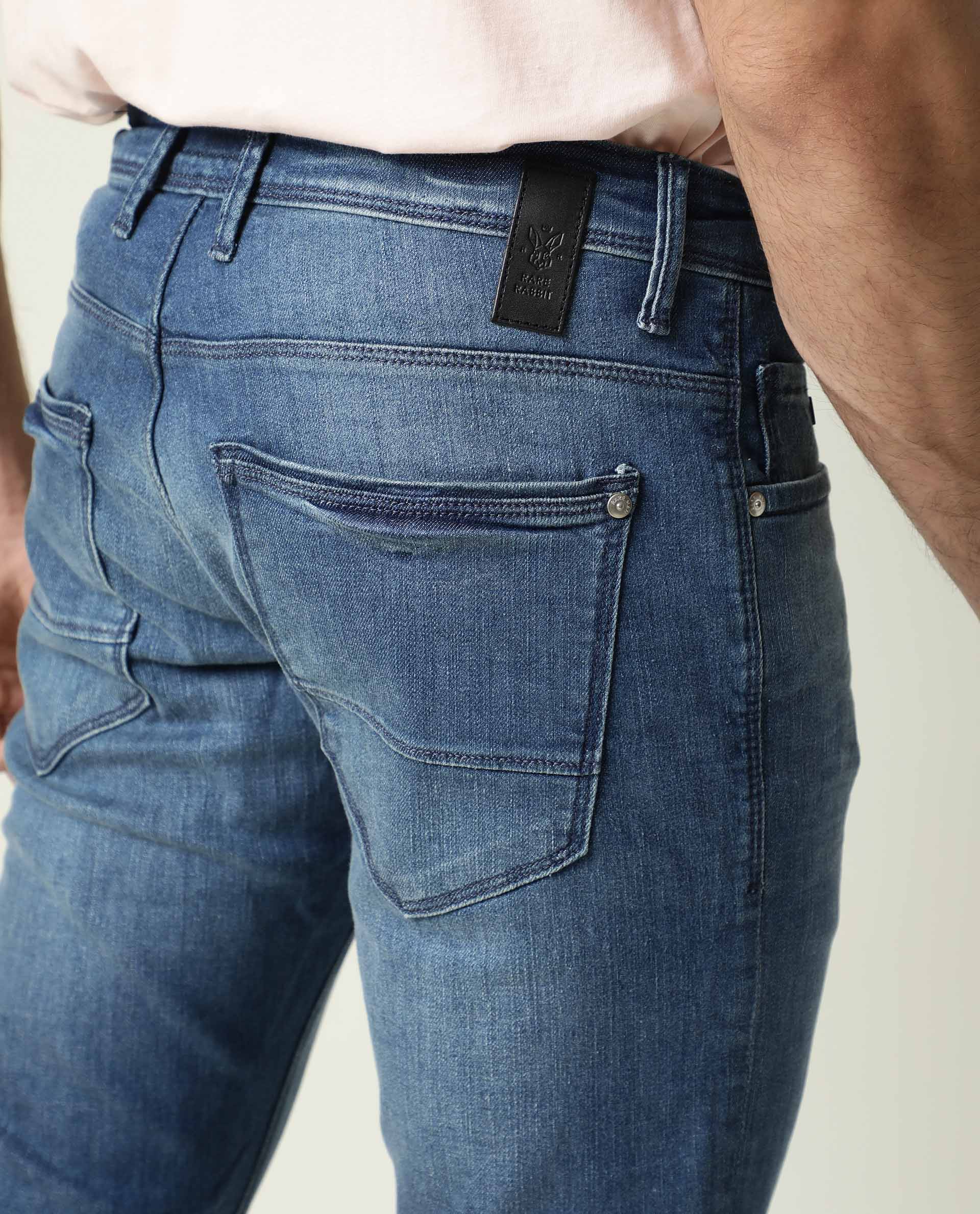 Rare Rabbit Men's Matt-2 Blue Cotton Plain Hawk Slim Fit Jeans - Image 13
