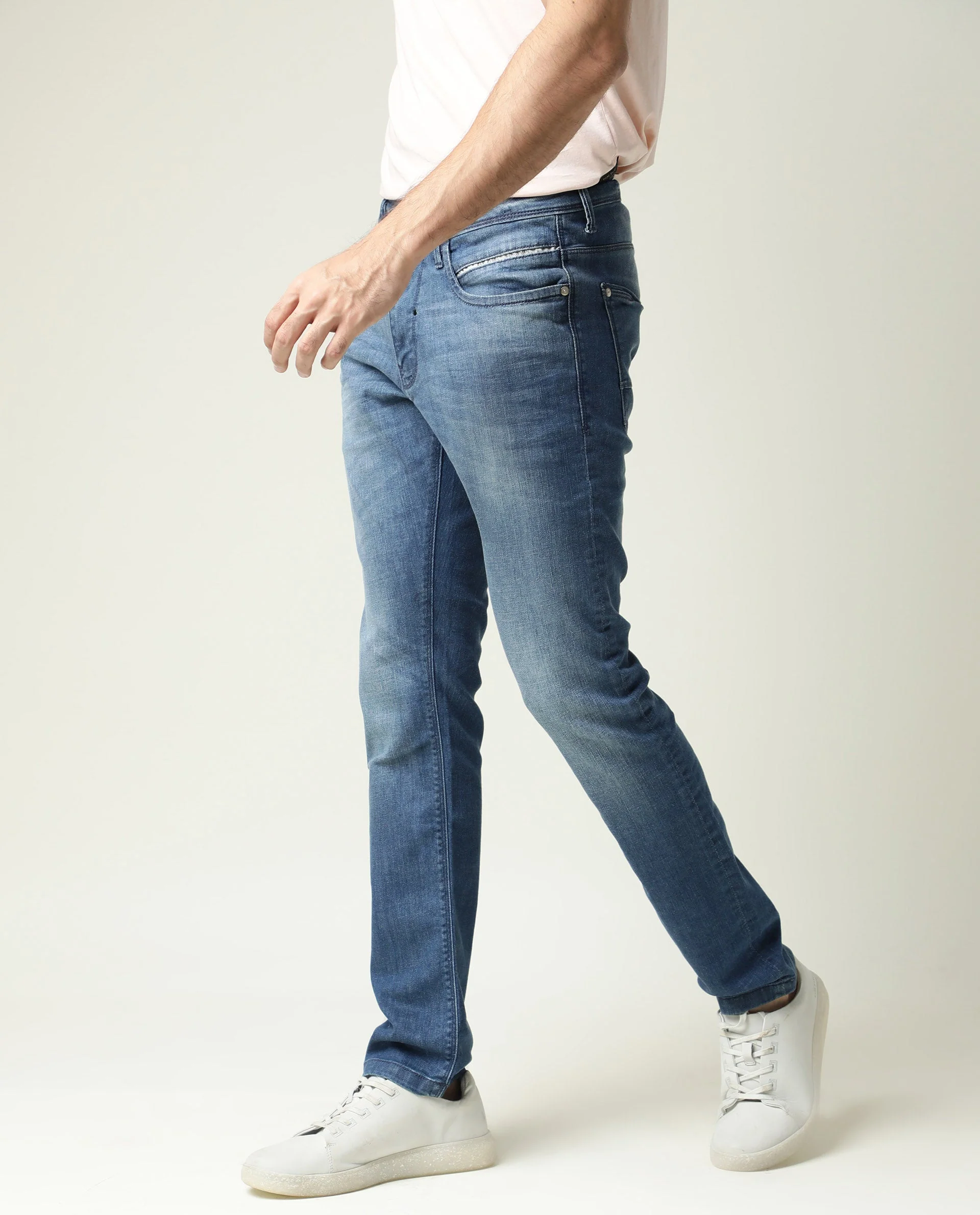 Rare Rabbit Men's Matt-2 Blue Cotton Plain Hawk Slim Fit Jeans - Image 3