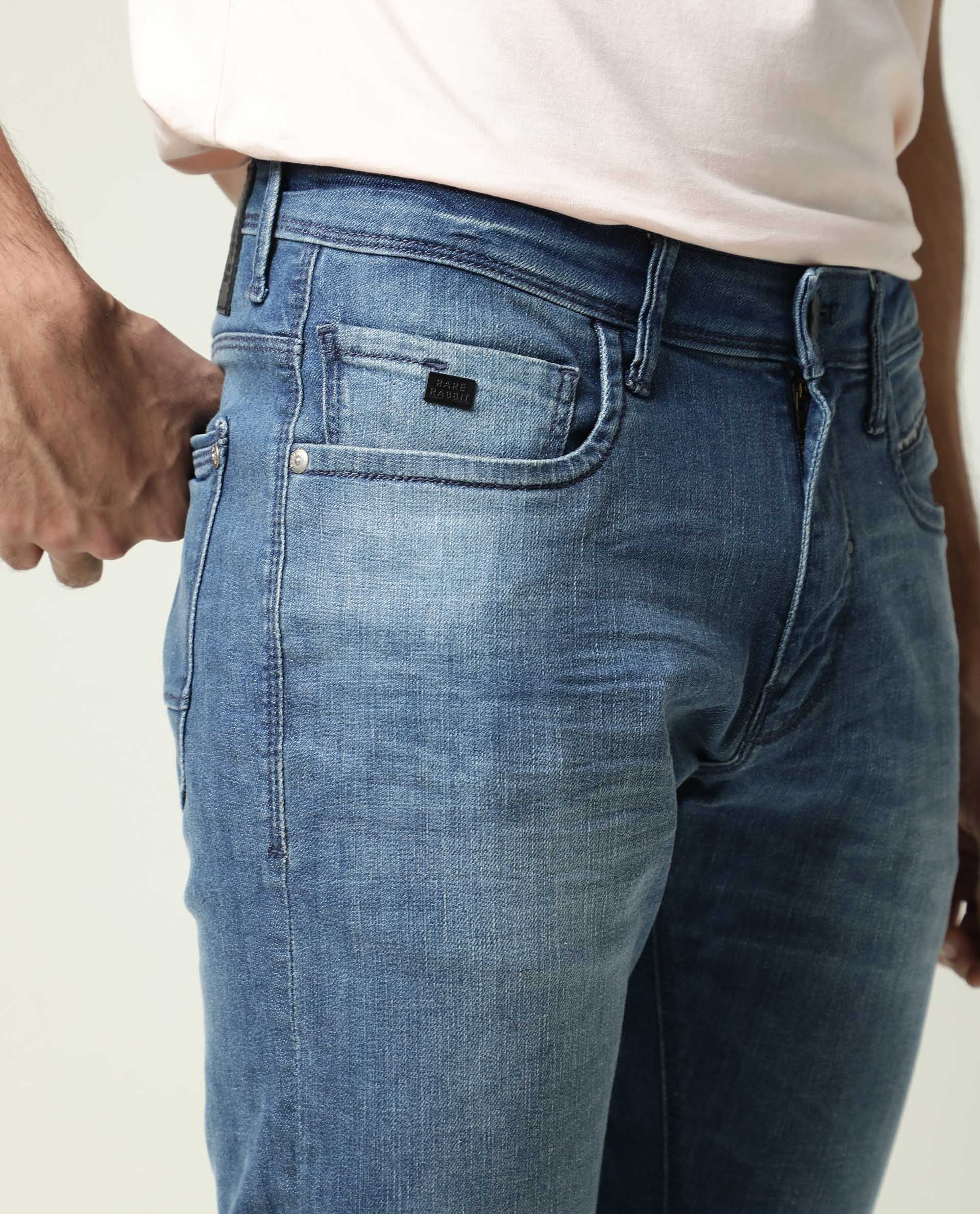 Rare Rabbit Men's Matt-2 Blue Cotton Plain Hawk Slim Fit Jeans - Image 5