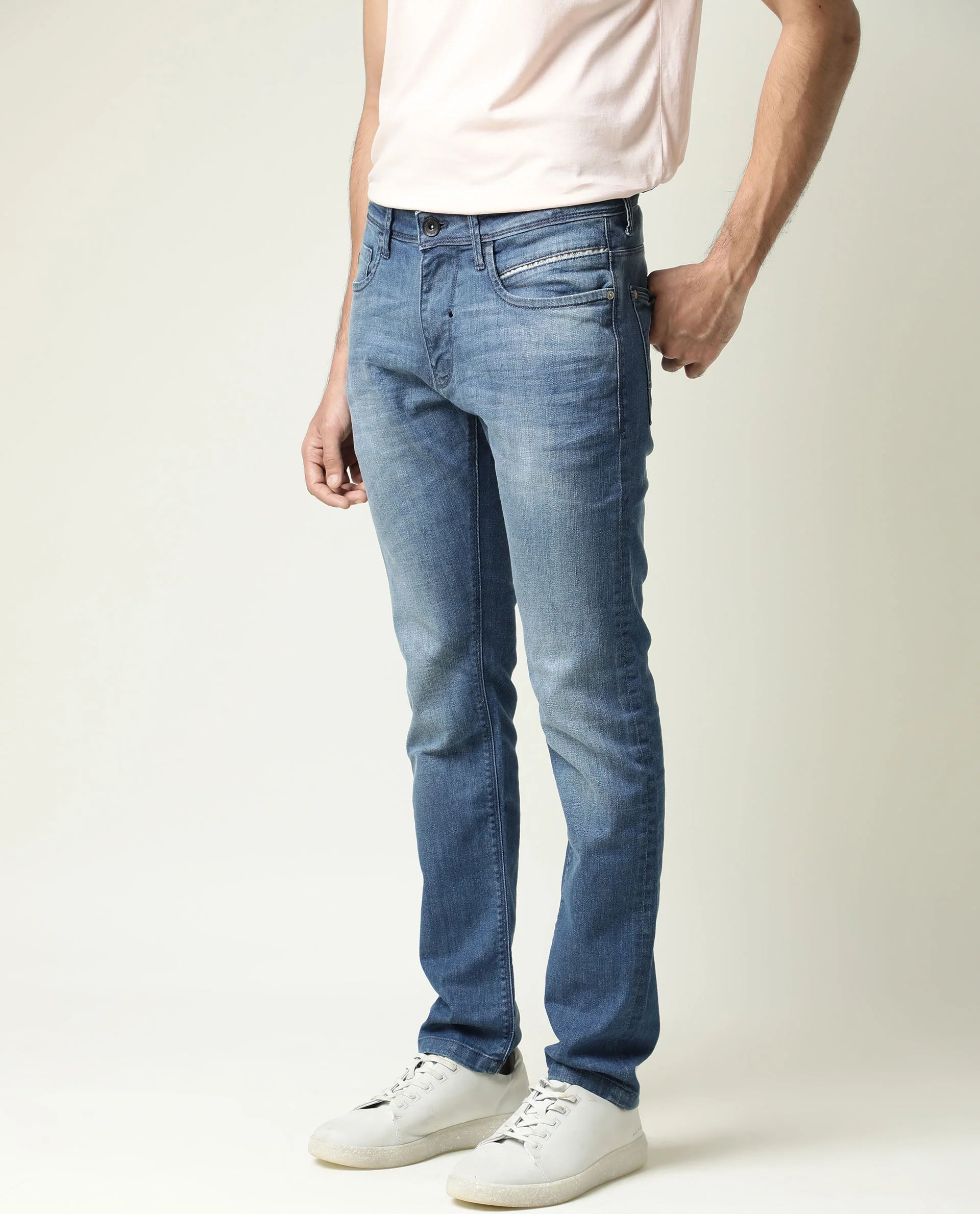 Rare Rabbit Men's Matt-2 Blue Cotton Plain Hawk Slim Fit Jeans - Image 7