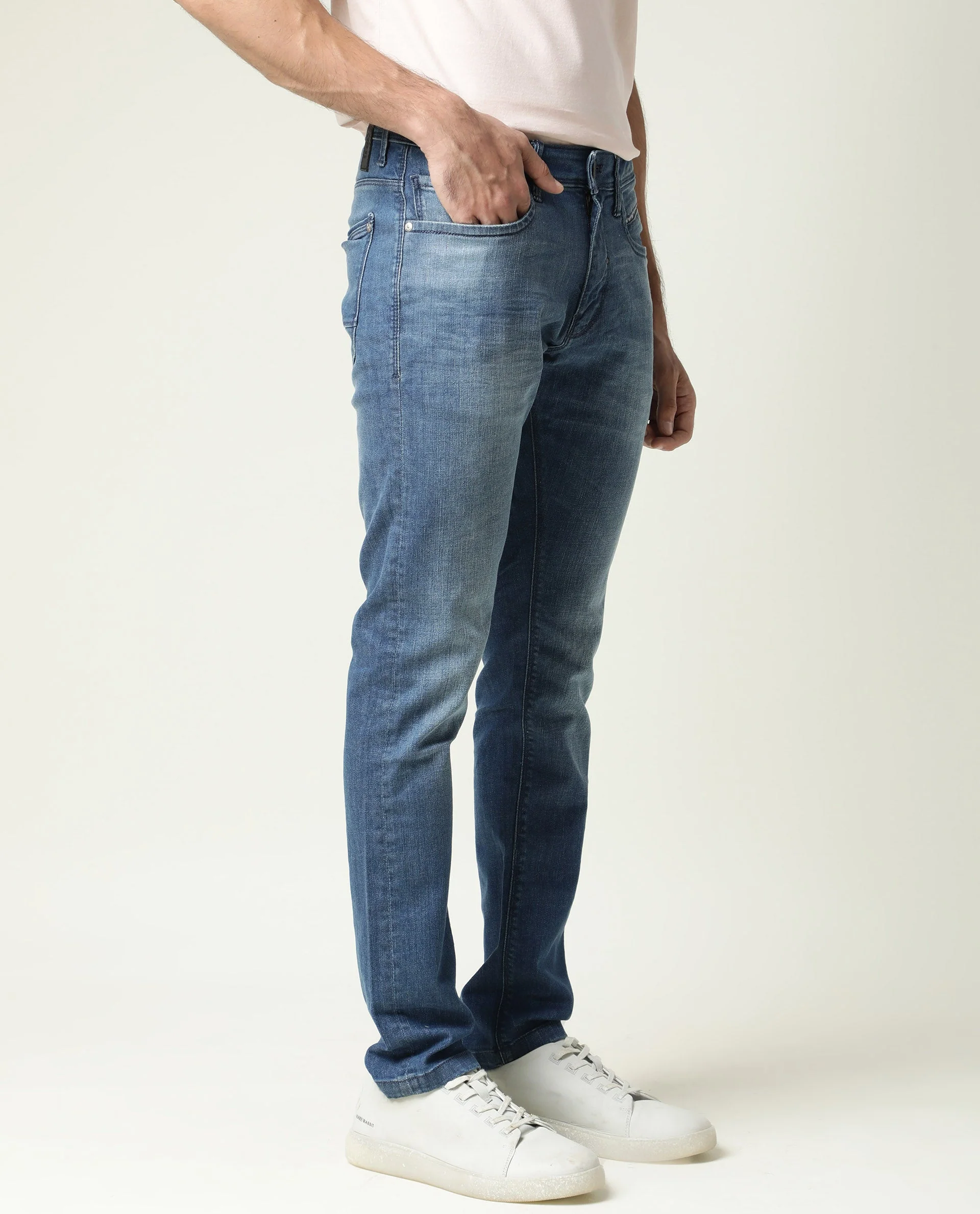 Rare Rabbit Men's Matt-2 Blue Cotton Plain Hawk Slim Fit Jeans - Image 8
