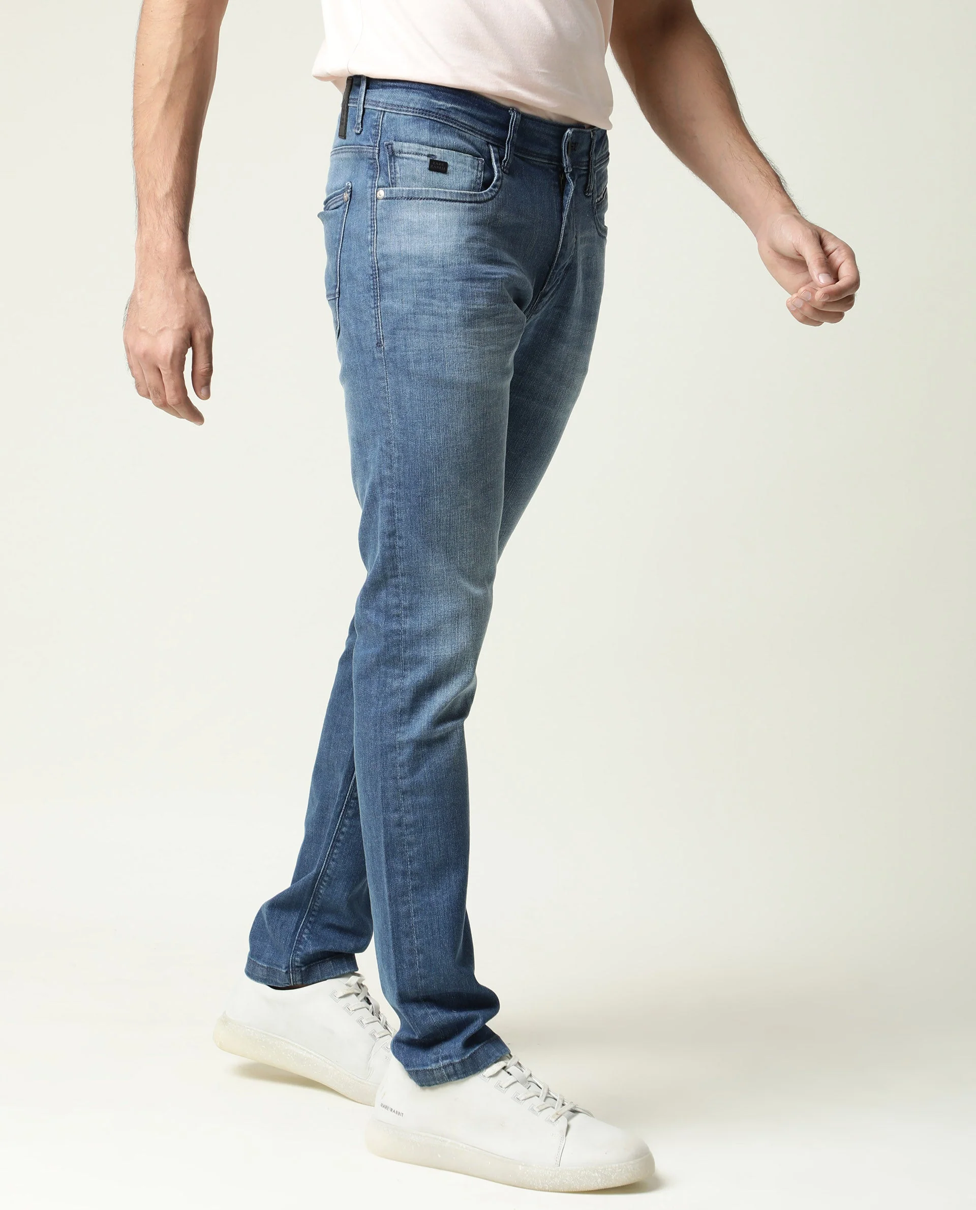 Rare Rabbit Men's Matt-2 Blue Cotton Plain Hawk Slim Fit Jeans - Image 9