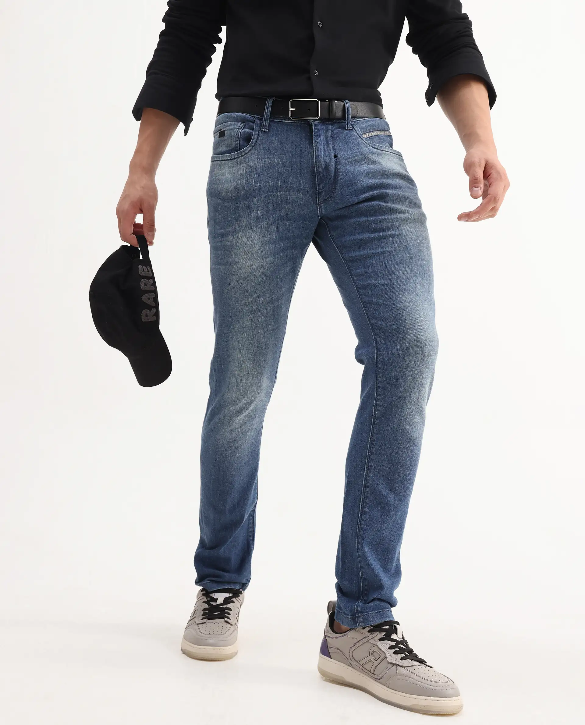 Rare Rabbit Men's Matt Blue Cotton Plain Morris Regular Fit Jeans - Image 2
