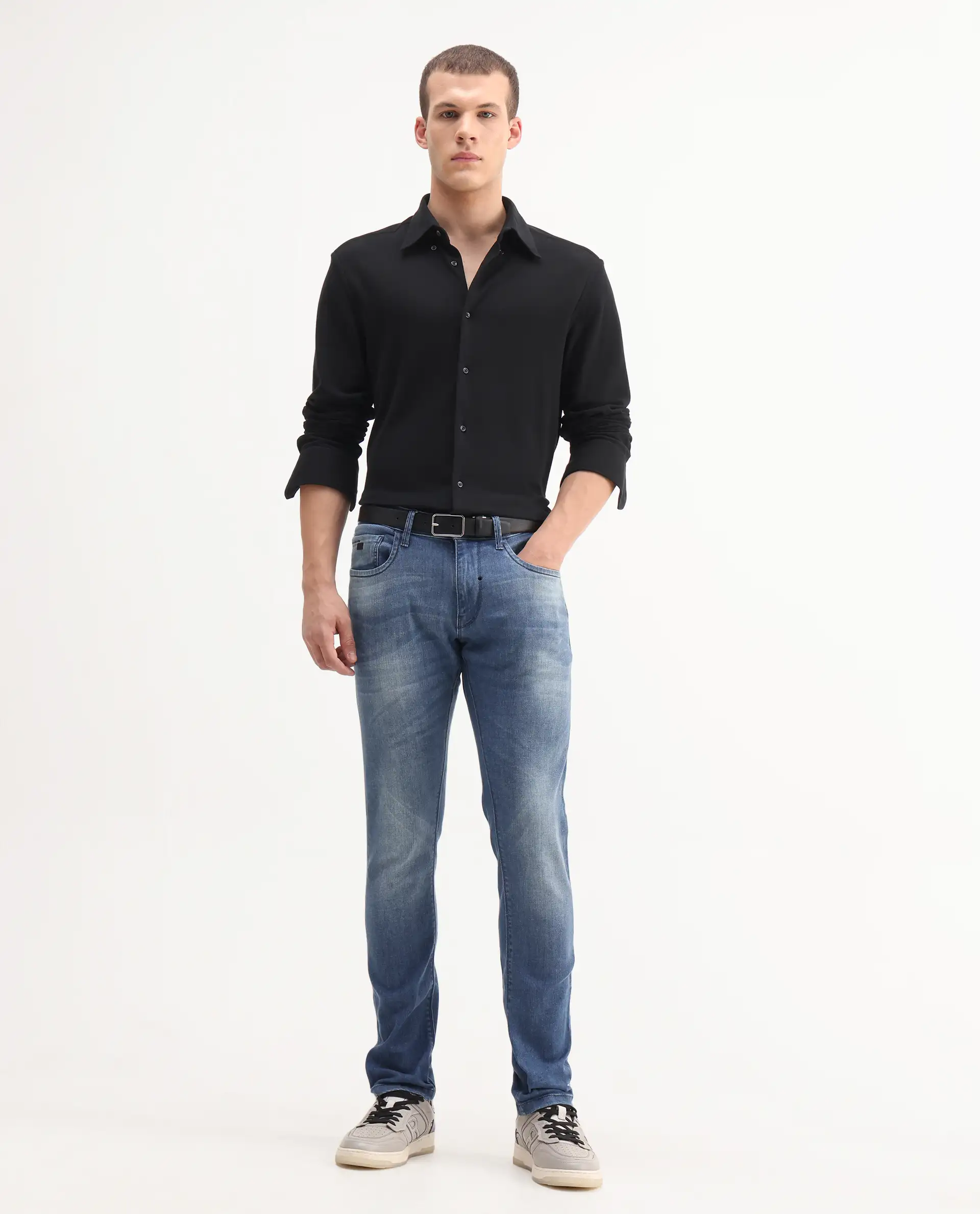 Rare Rabbit Men's Matt Blue Cotton Plain Morris Regular Fit Jeans - Image 3