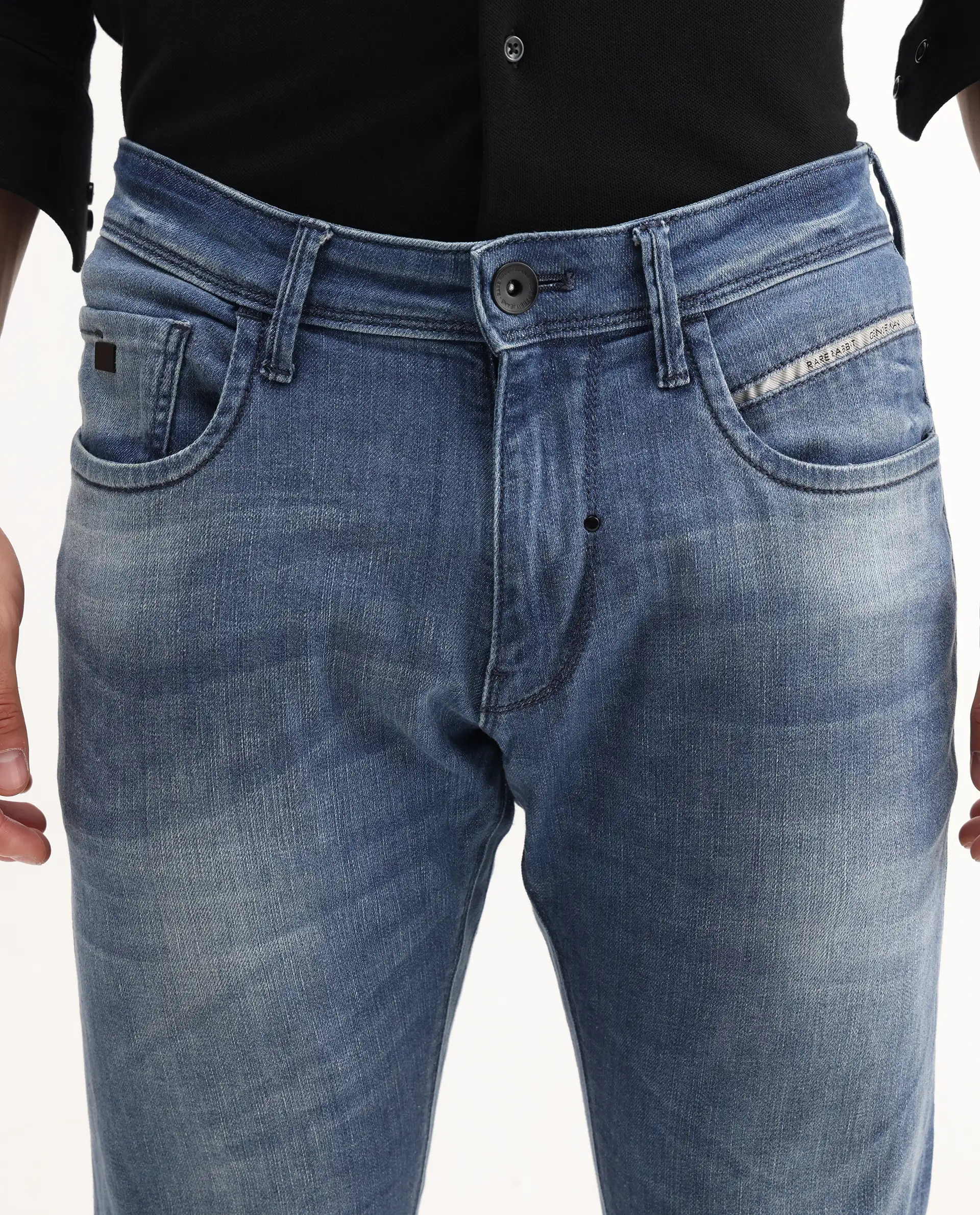 Rare Rabbit Men's Matt Blue Cotton Plain Morris Regular Fit Jeans - Image 4