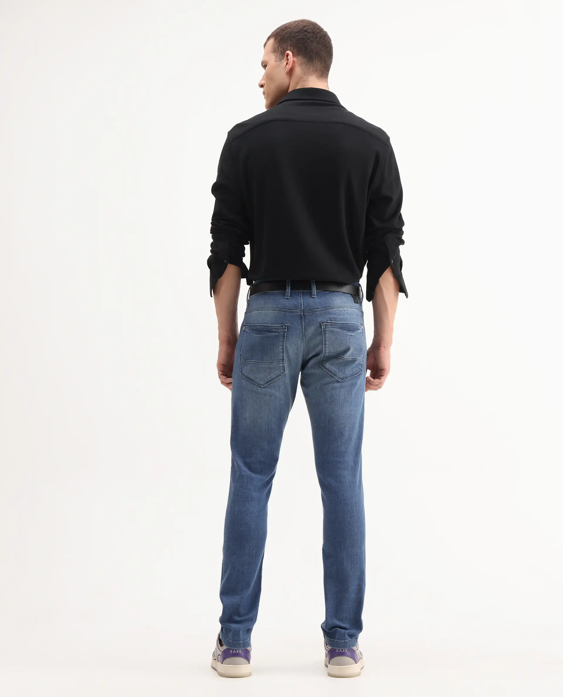 Rare Rabbit Men's Matt Blue Cotton Plain Morris Regular Fit Jeans - Image 8