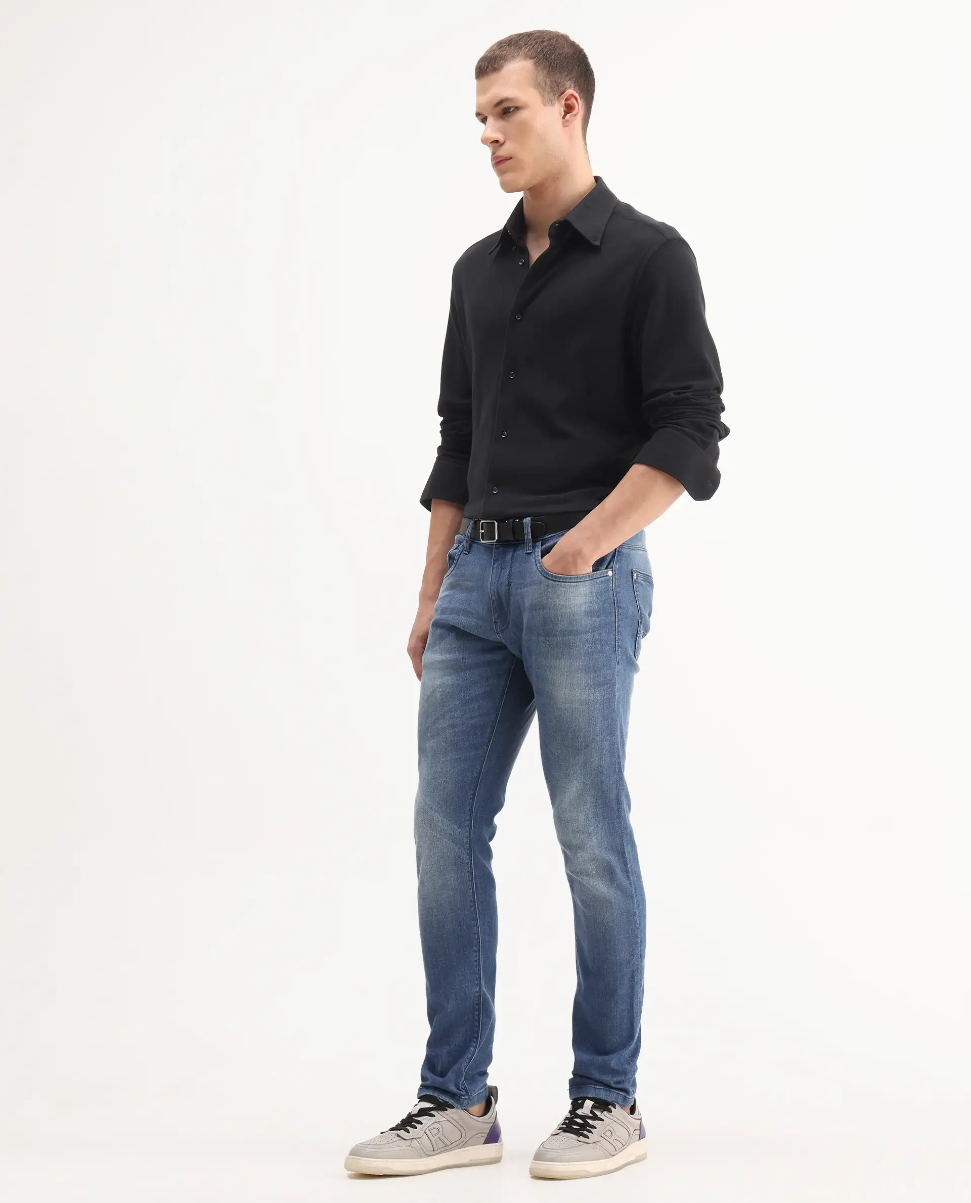 Rare Rabbit Men's Matt Blue Cotton Plain Morris Regular Fit Jeans - Image 9
