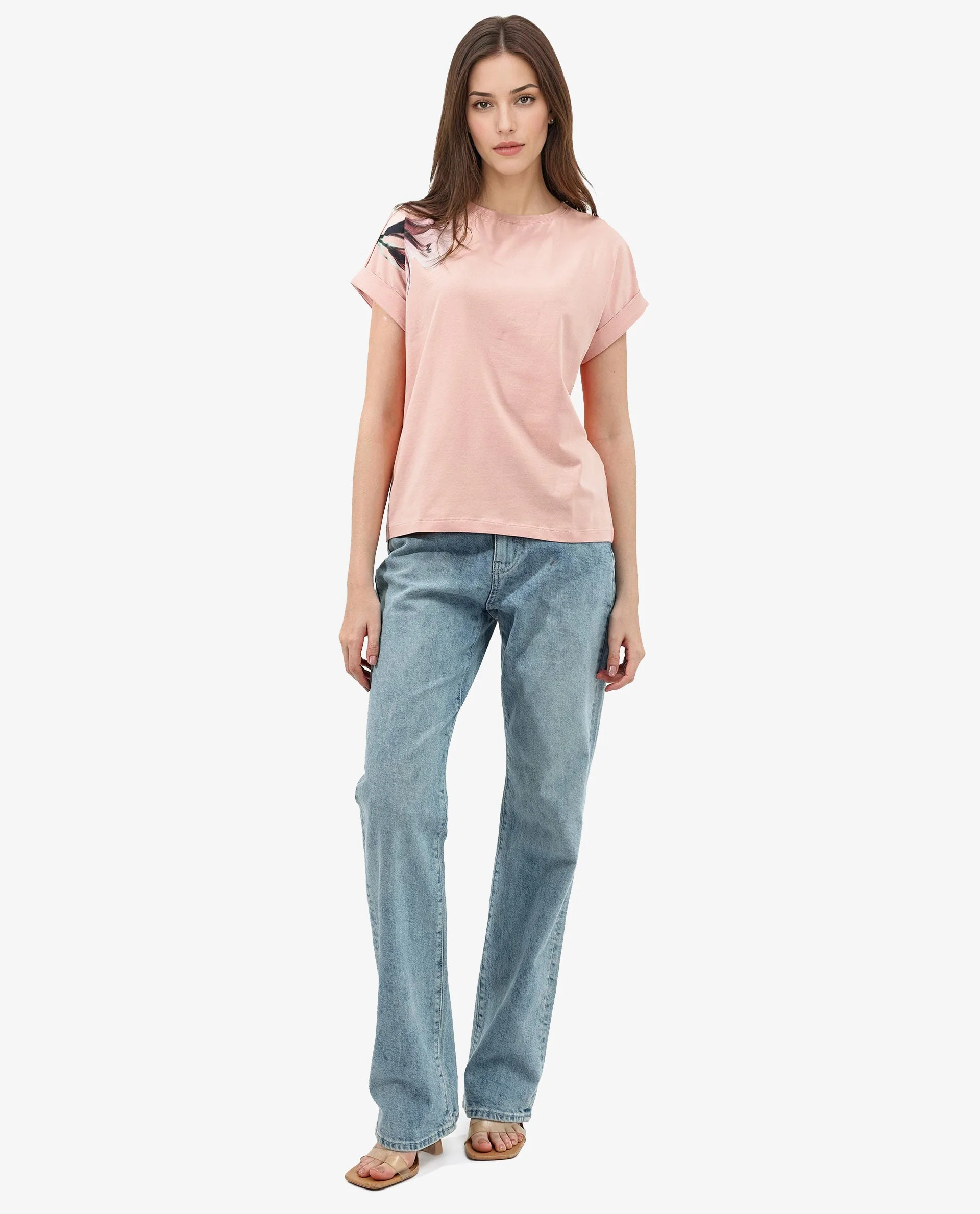 Rareism Women's Mattadu Light Peach Cotton Blend Crew Neck Graphic Print Extended Sleeves Regular Fit T-Shirt - Image 2