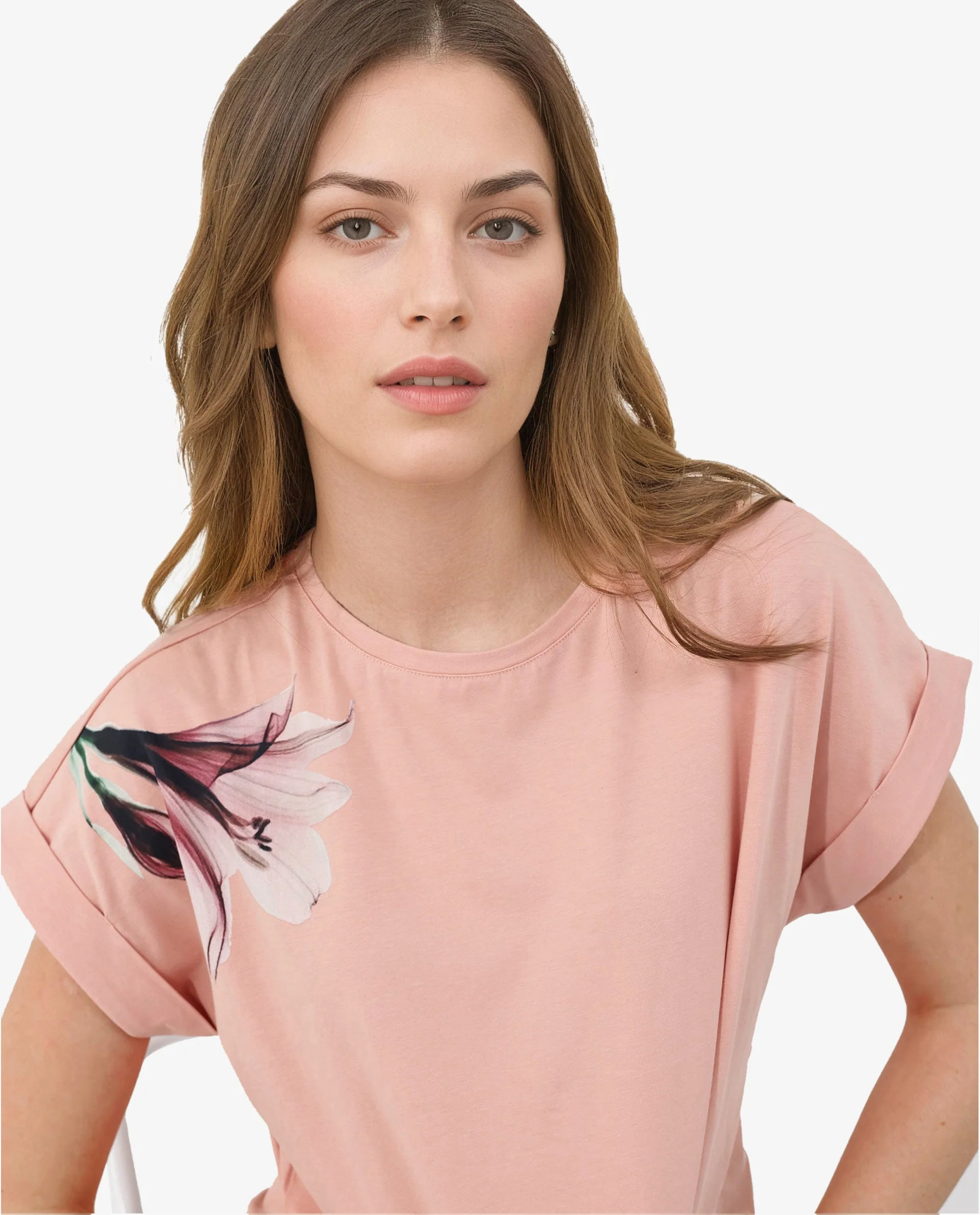 Rareism Women's Mattadu Light Peach Cotton Blend Crew Neck Graphic Print Extended Sleeves Regular Fit T-Shirt - Image 3