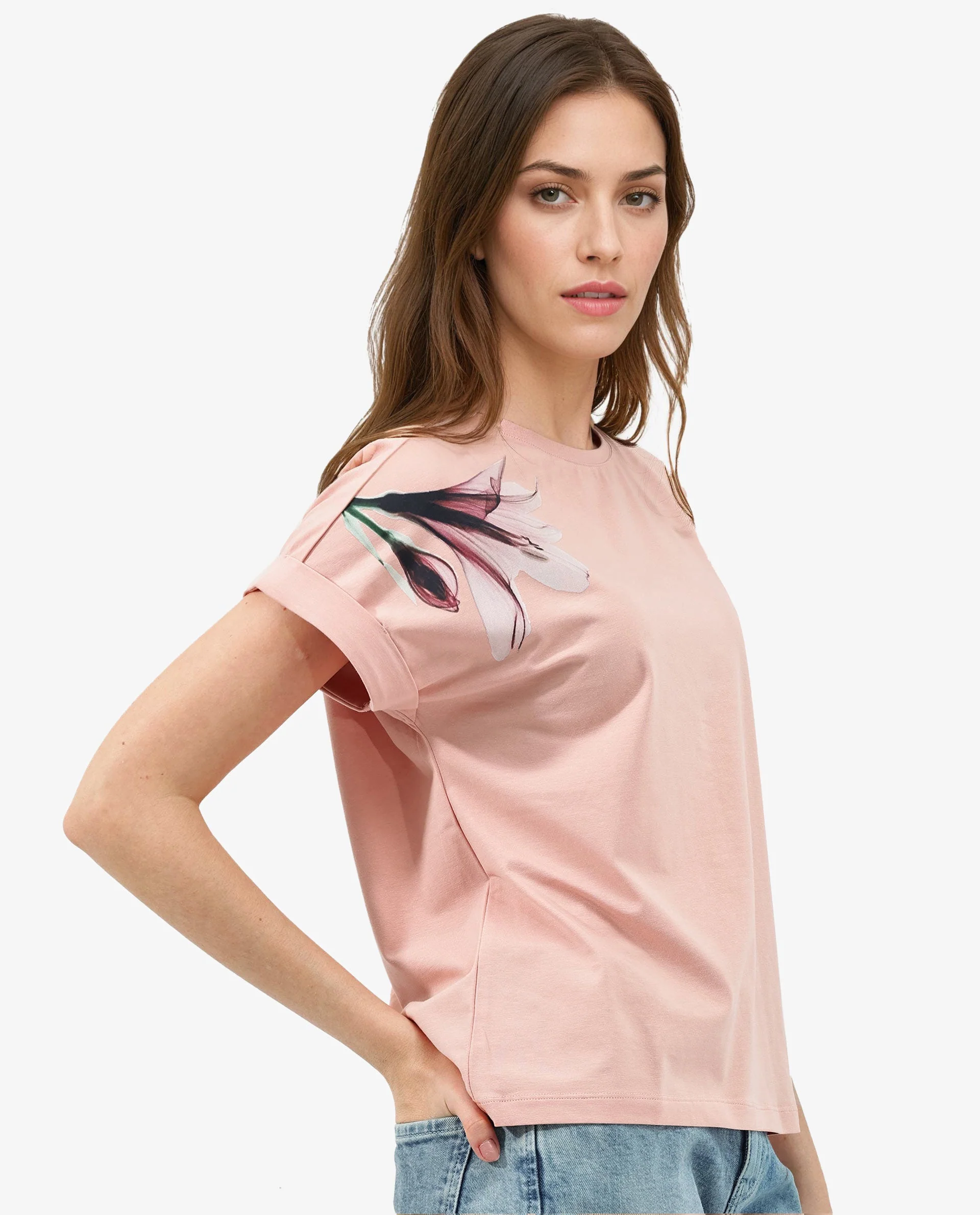Rareism Women's Mattadu Light Peach Cotton Blend Crew Neck Graphic Print Extended Sleeves Regular Fit T-Shirt - Image 4