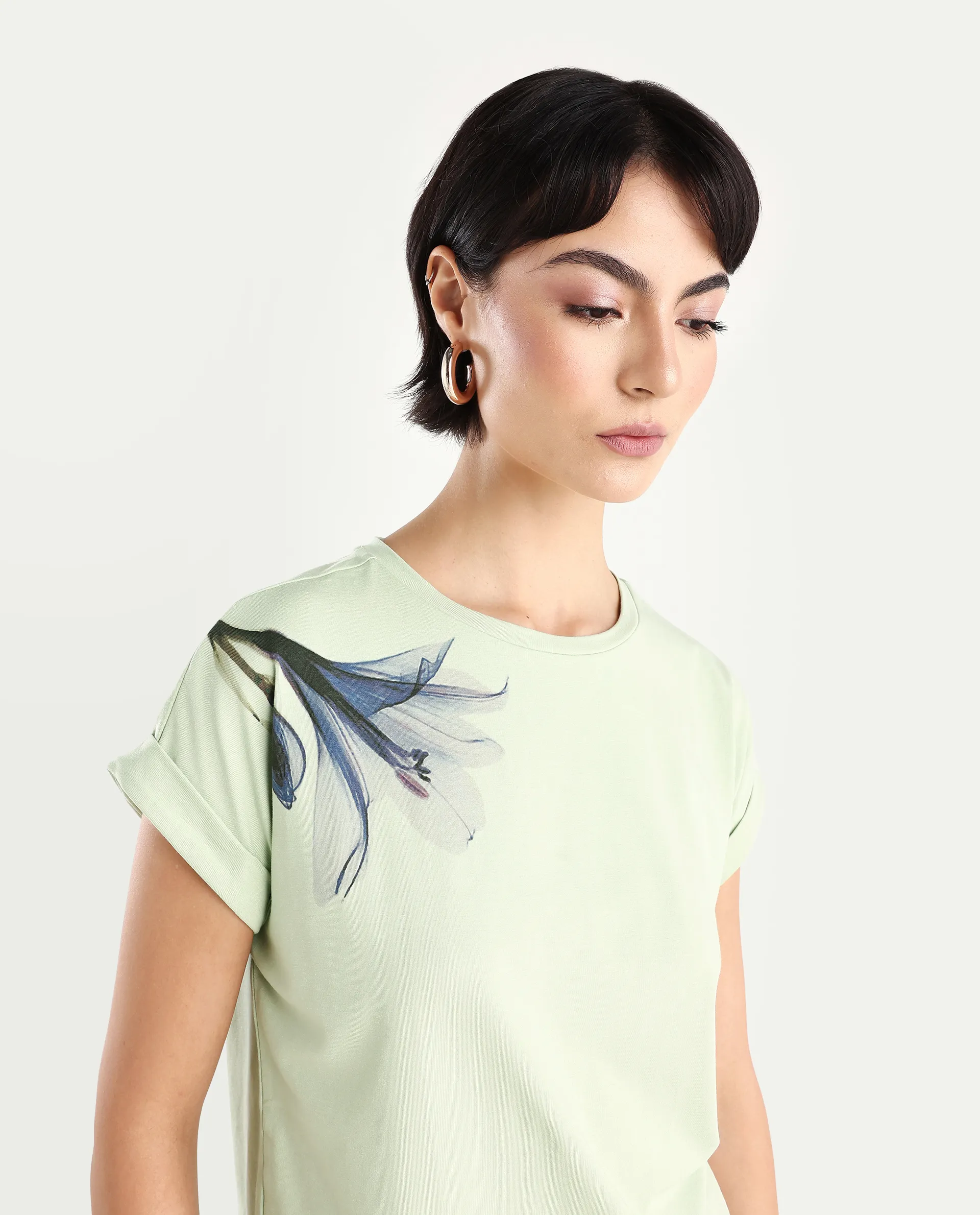 Rareism Women's Mattadu Pastel Green Cotton Blend Crew Neck Graphic Print Extended Sleeves Regular Fit T-Shirt