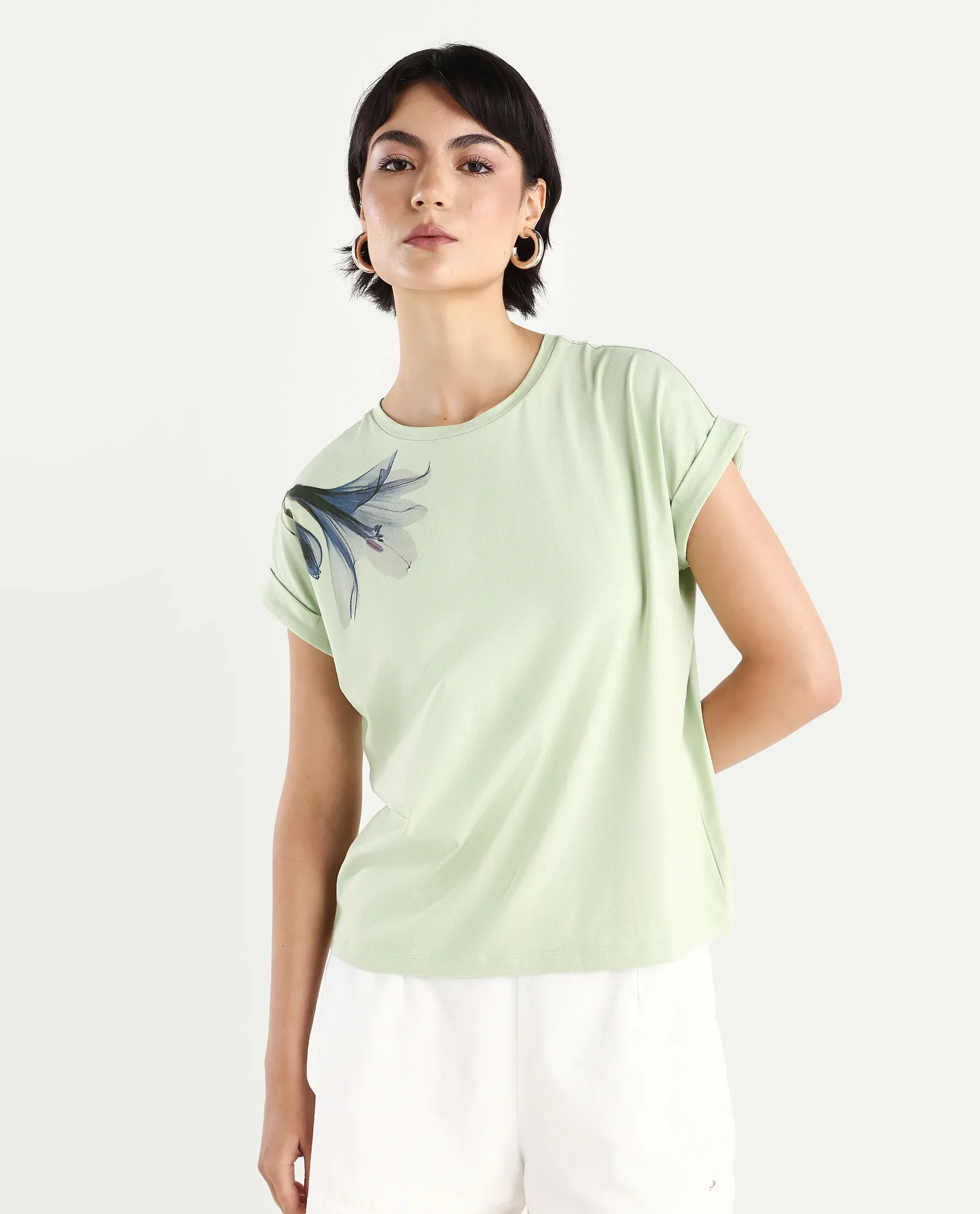 Rareism Women's Mattadu Pastel Green Cotton Blend Crew Neck Graphic Print Extended Sleeves Regular Fit T-Shirt - Image 3
