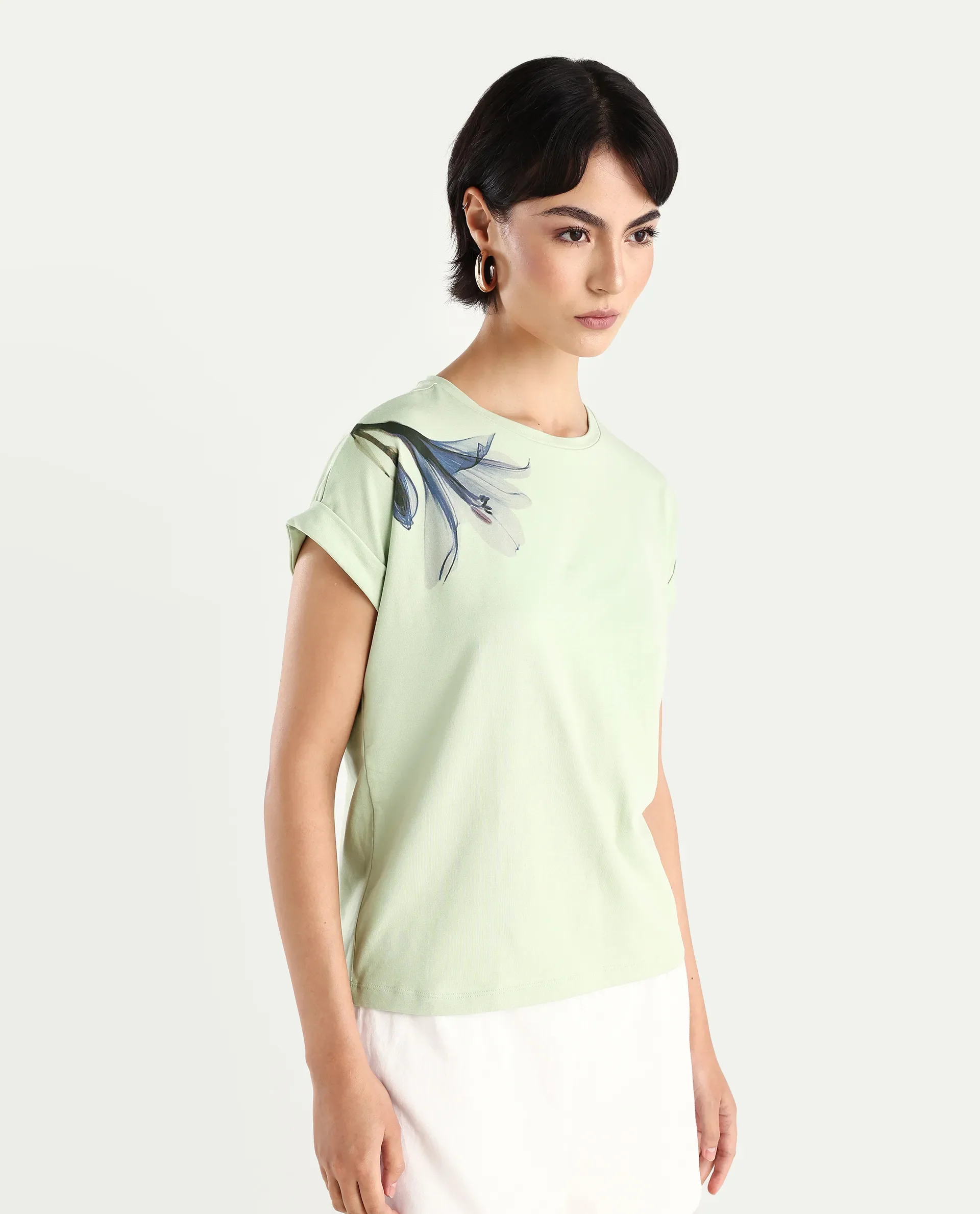 Rareism Women's Mattadu Pastel Green Cotton Blend Crew Neck Graphic Print Extended Sleeves Regular Fit T-Shirt - Image 5