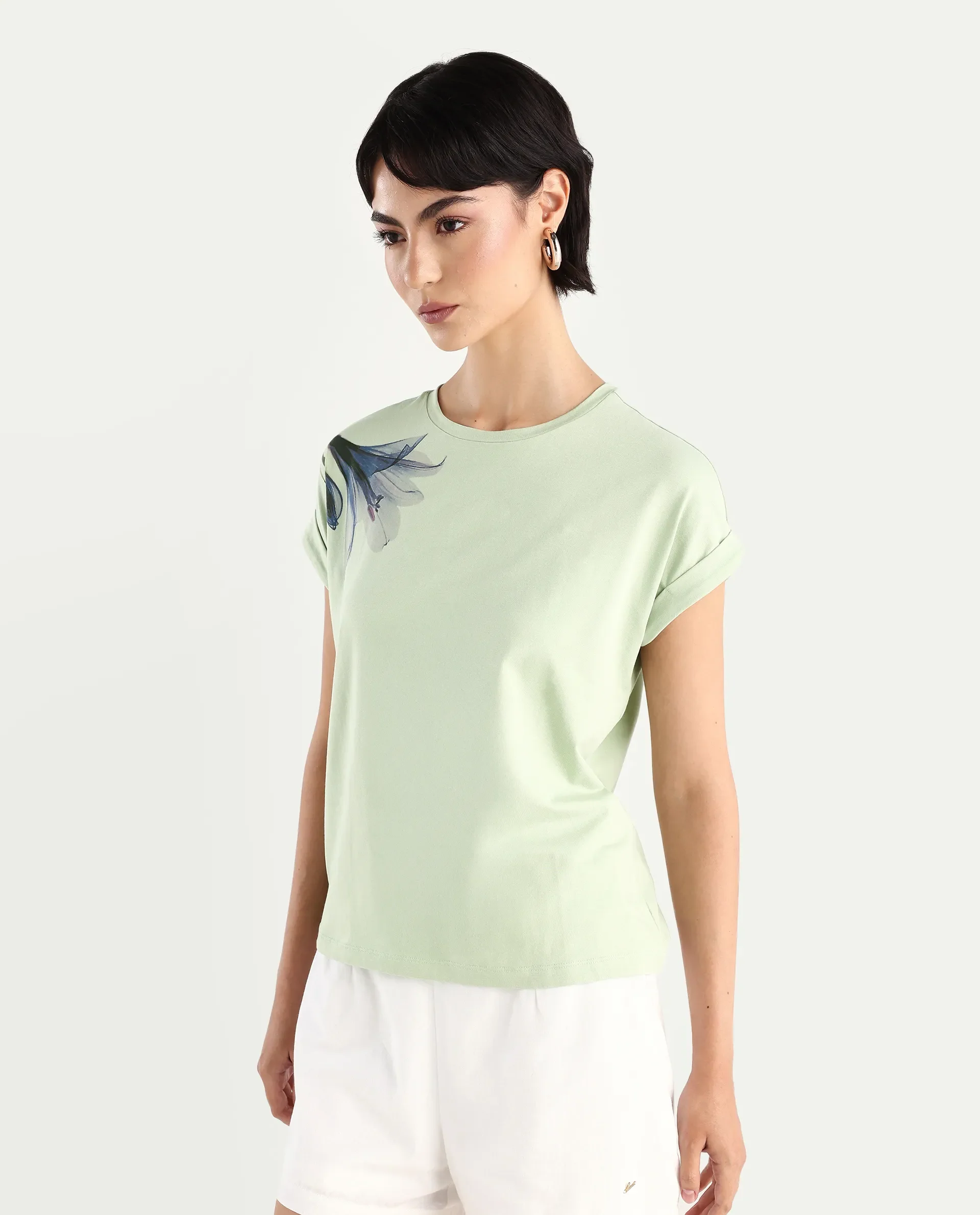 Rareism Women's Mattadu Pastel Green Cotton Blend Crew Neck Graphic Print Extended Sleeves Regular Fit T-Shirt - Image 6