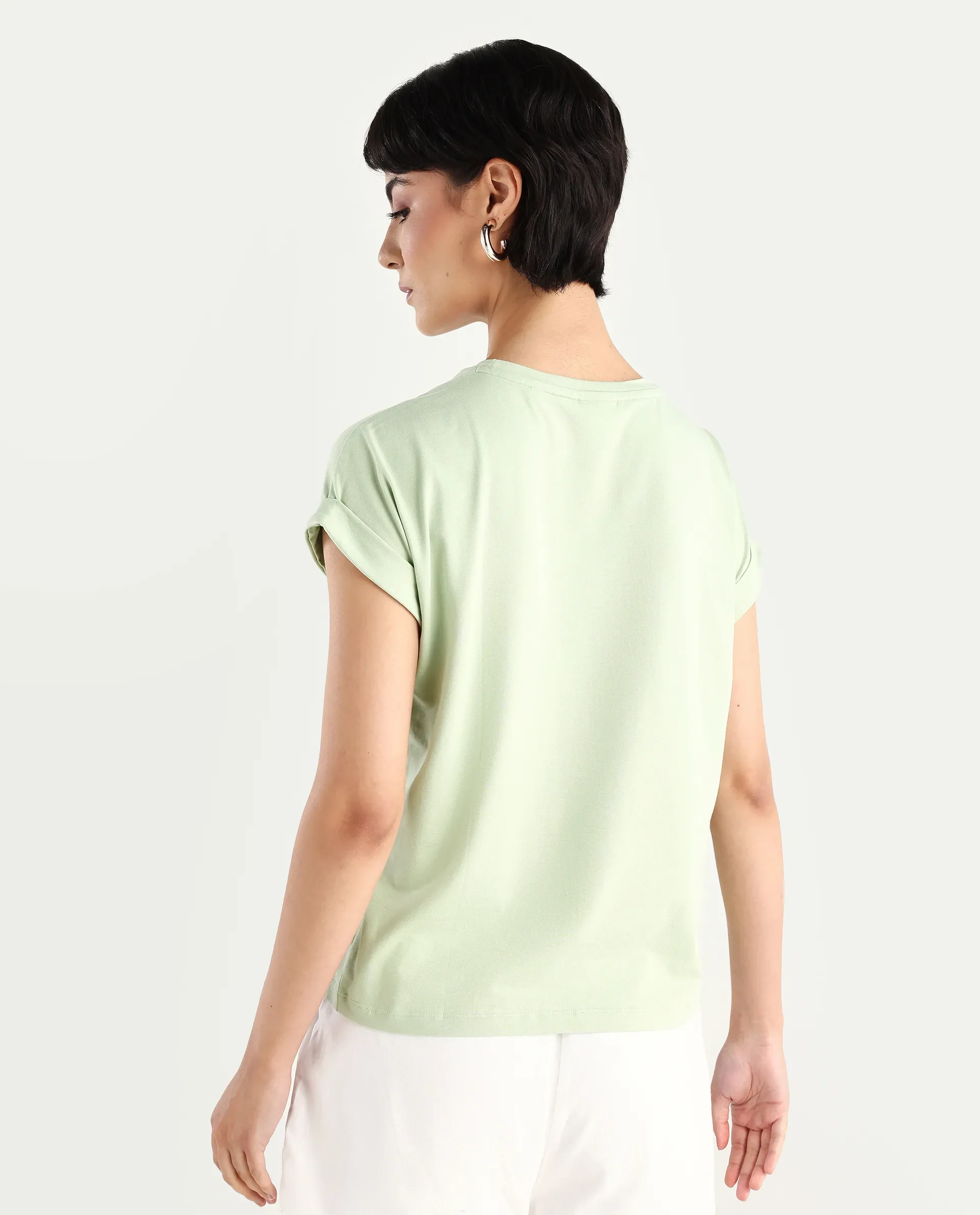 Rareism Women's Mattadu Pastel Green Cotton Blend Crew Neck Graphic Print Extended Sleeves Regular Fit T-Shirt - Image 7