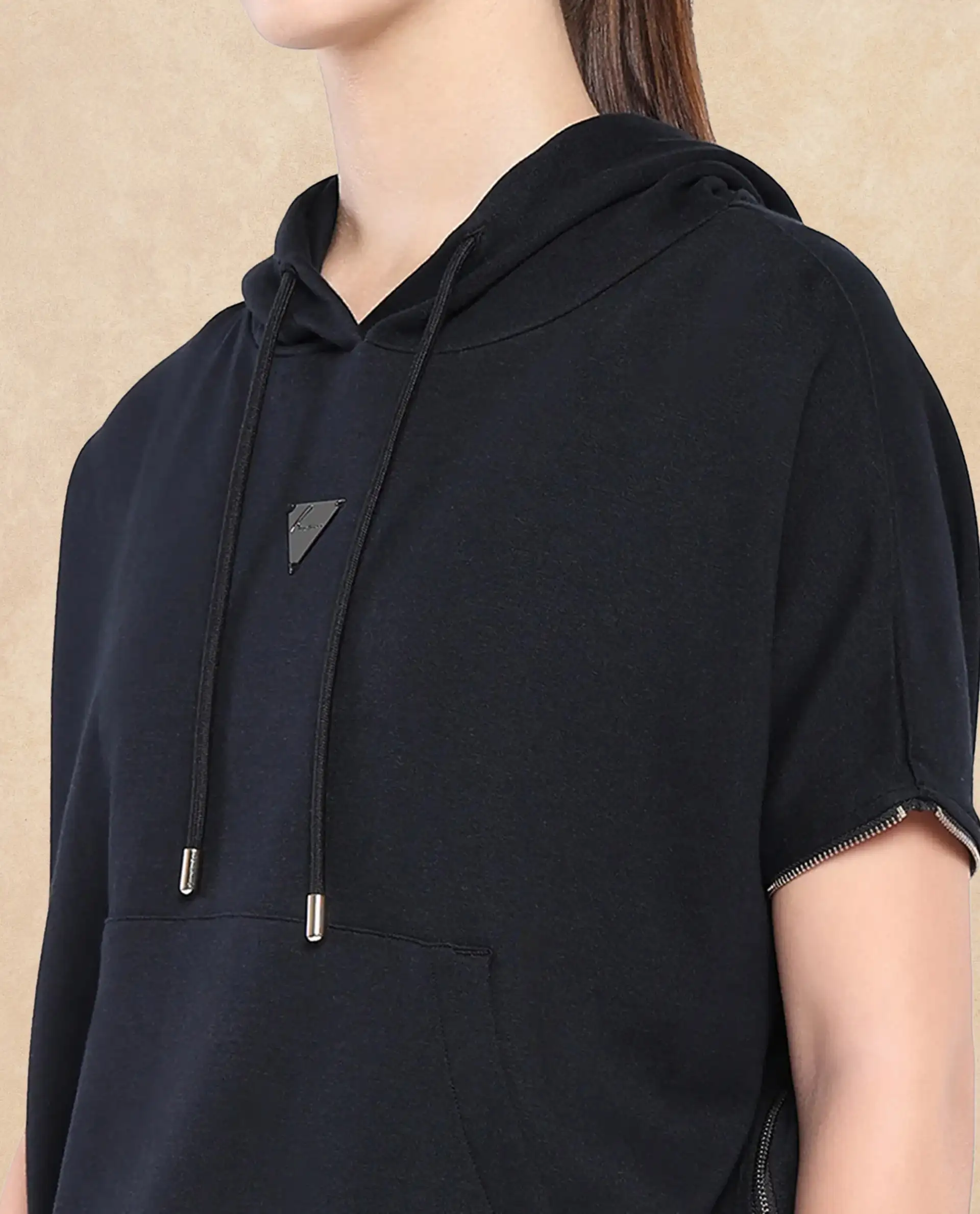 Rareism Women's Matthew Black Cotton Blend Hooded Plain Extended Sleeves Relaxed Fit Sweatshirt - Image 2