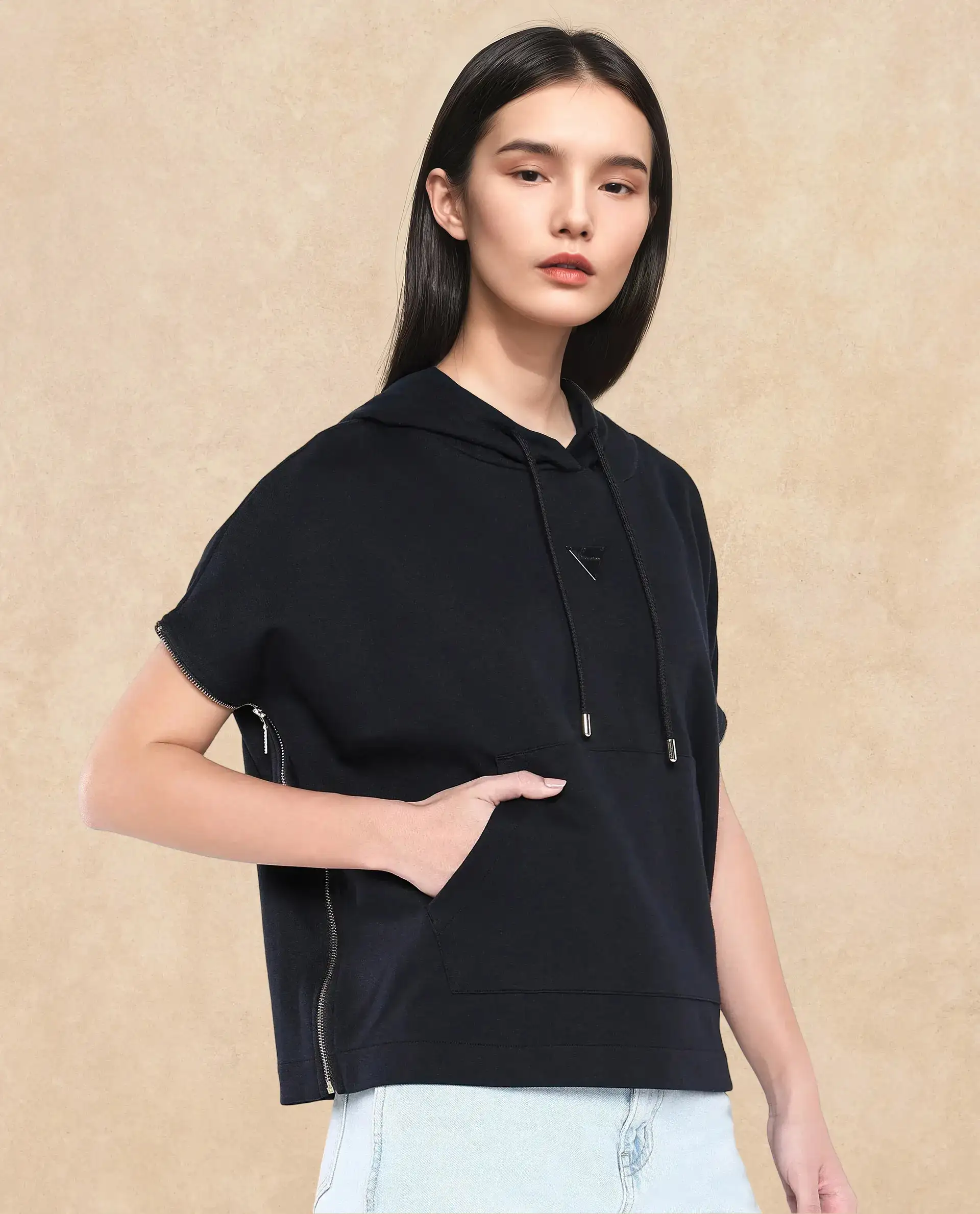 Rareism Women's Matthew Black Cotton Blend Hooded Plain Extended Sleeves Relaxed Fit Sweatshirt - Image 3