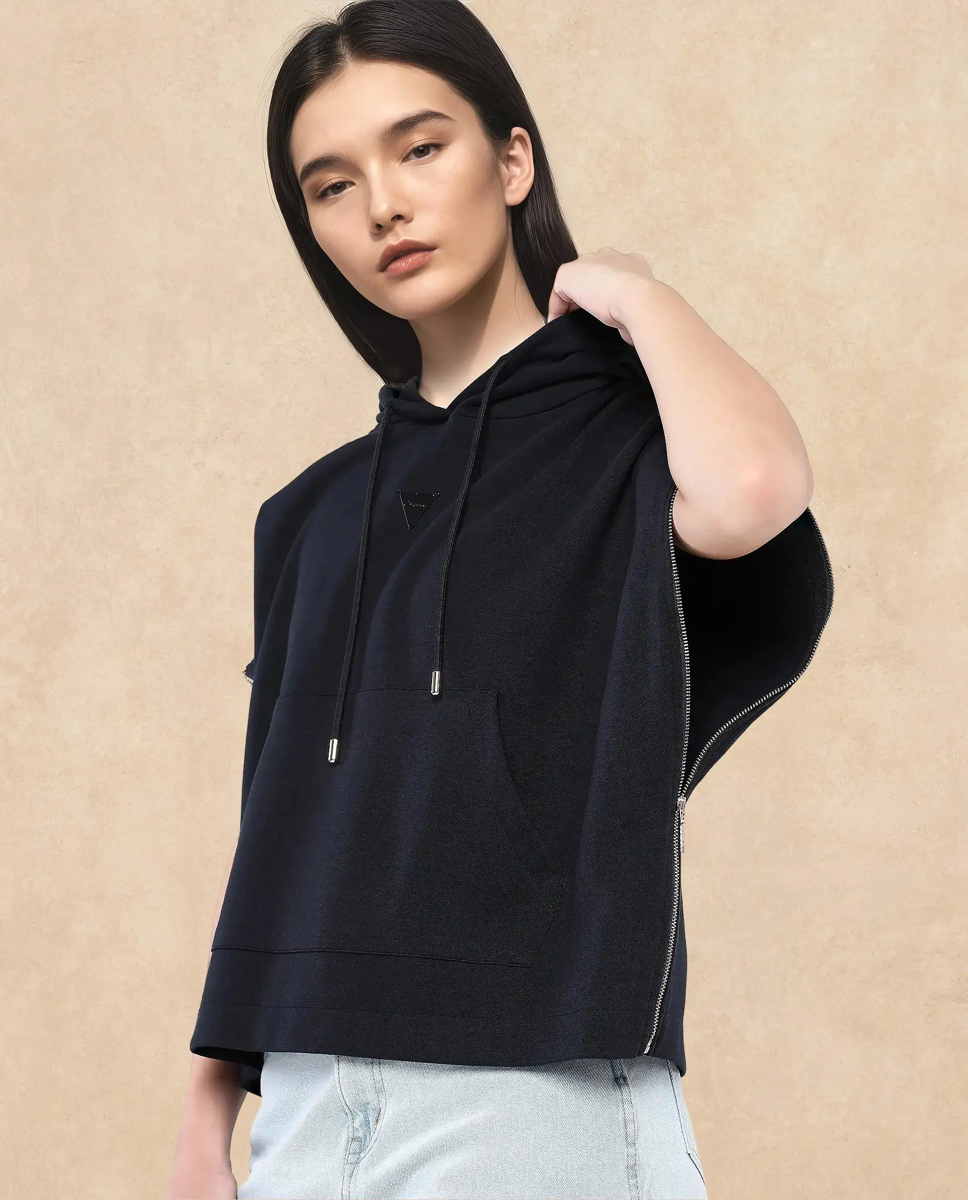 Rareism Women's Matthew Black Cotton Blend Hooded Plain Extended Sleeves Relaxed Fit Sweatshirt - Image 4