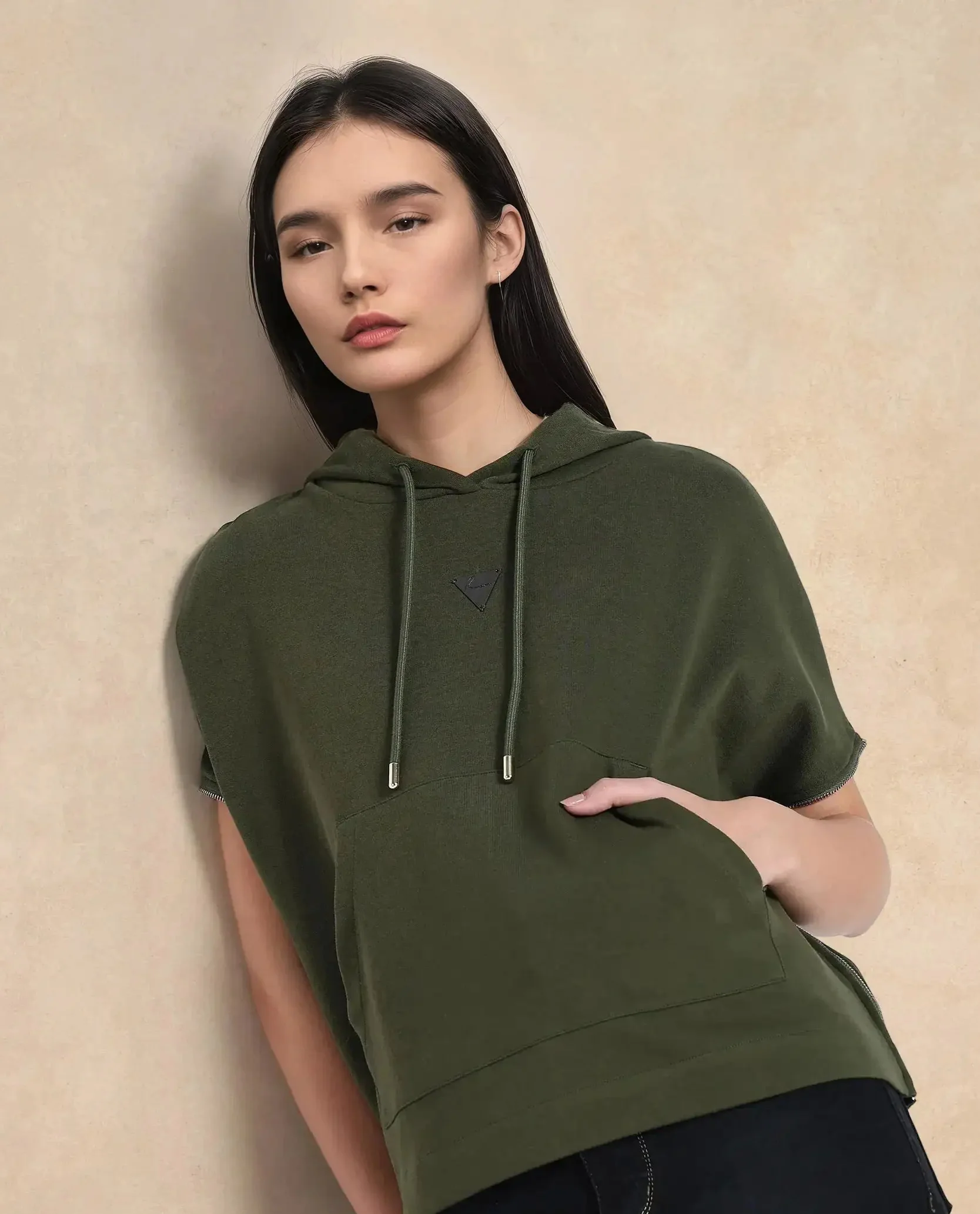 Rareism Women's Matthew Olive Cotton Blend Hooded Plain Extended Sleeves Relaxed Fit Sweatshirt