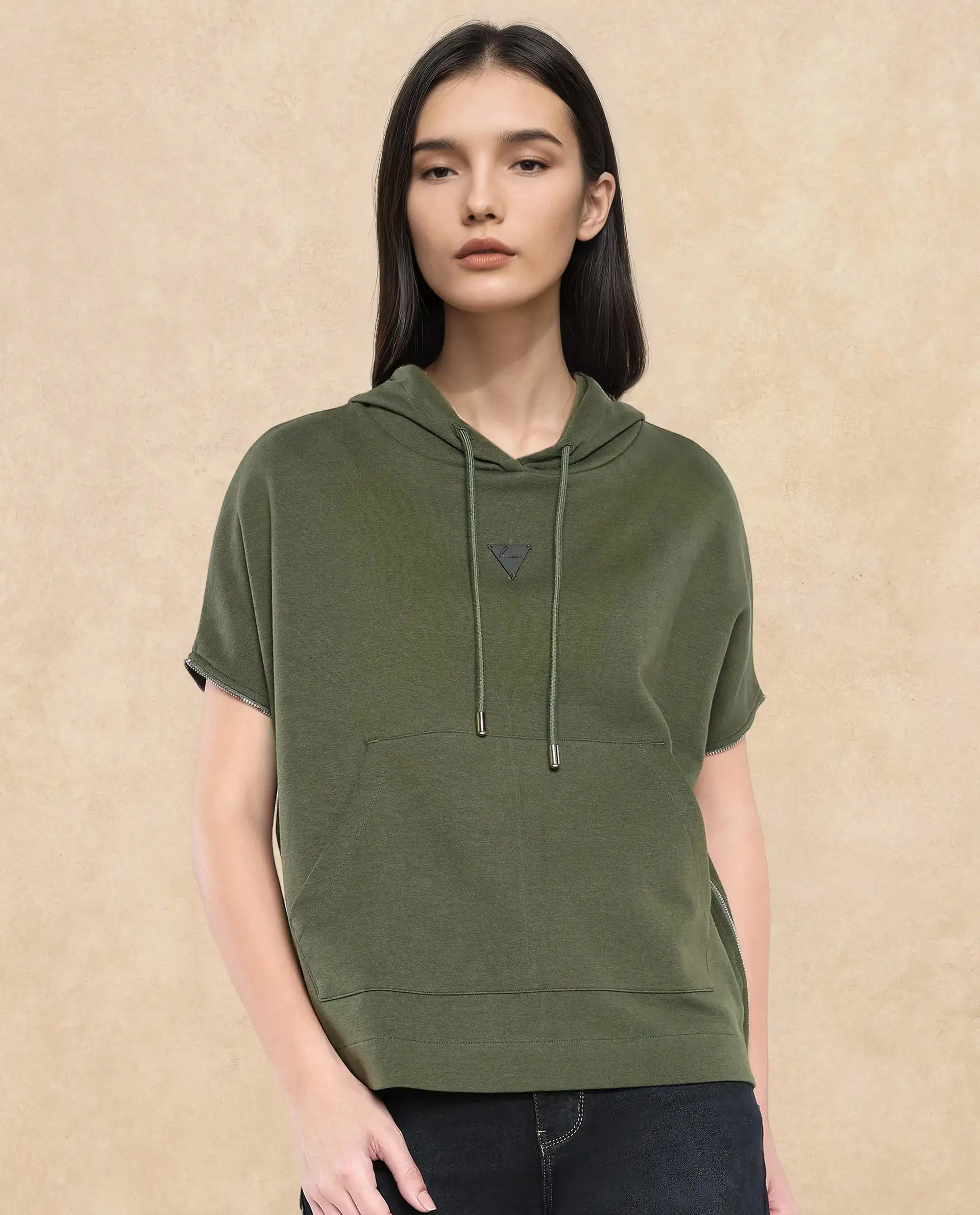 Rareism Women's Matthew Olive Cotton Blend Hooded Plain Extended Sleeves Relaxed Fit Sweatshirt - Image 2