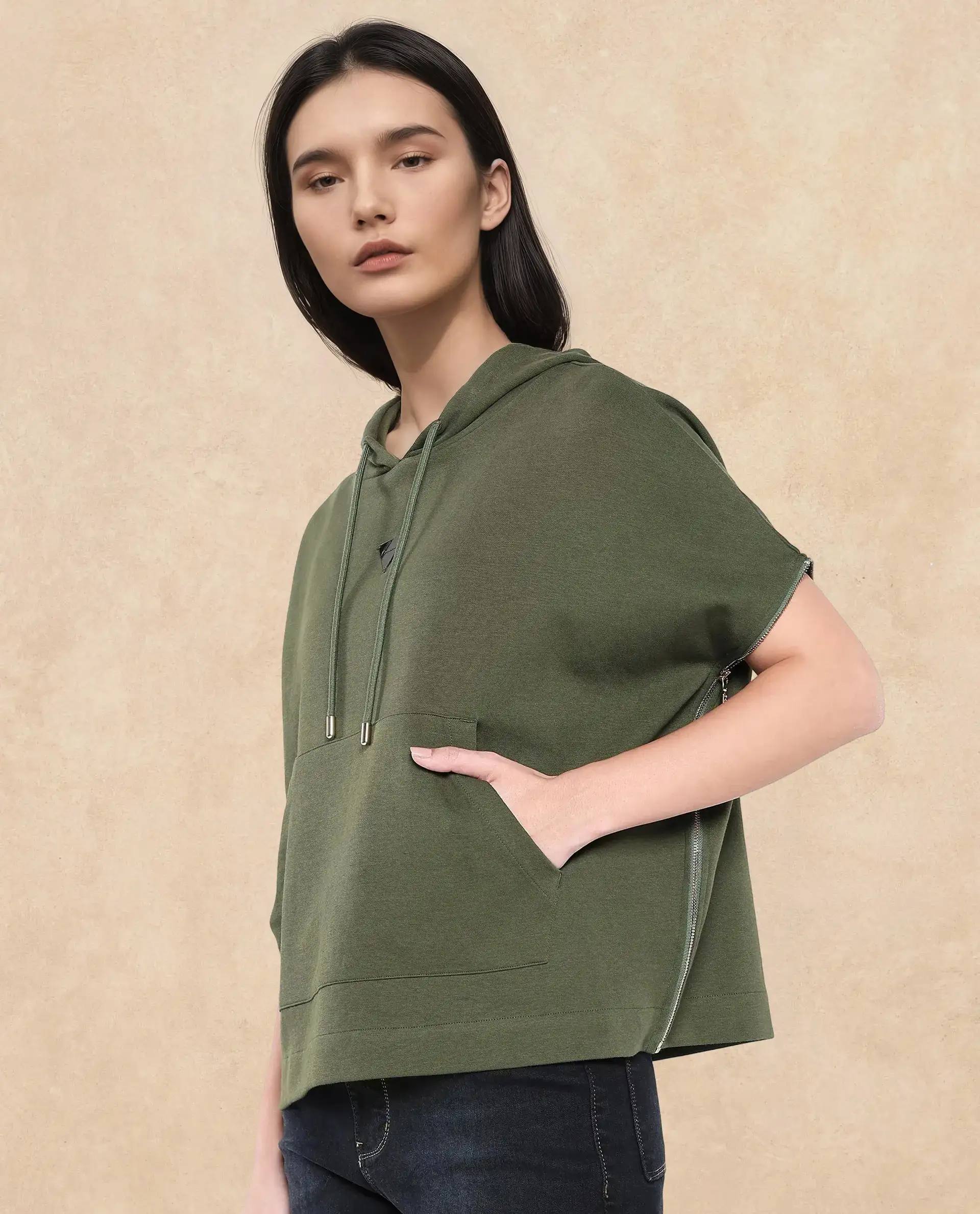Rareism Women's Matthew Olive Cotton Blend Hooded Plain Extended Sleeves Relaxed Fit Sweatshirt - Image 3