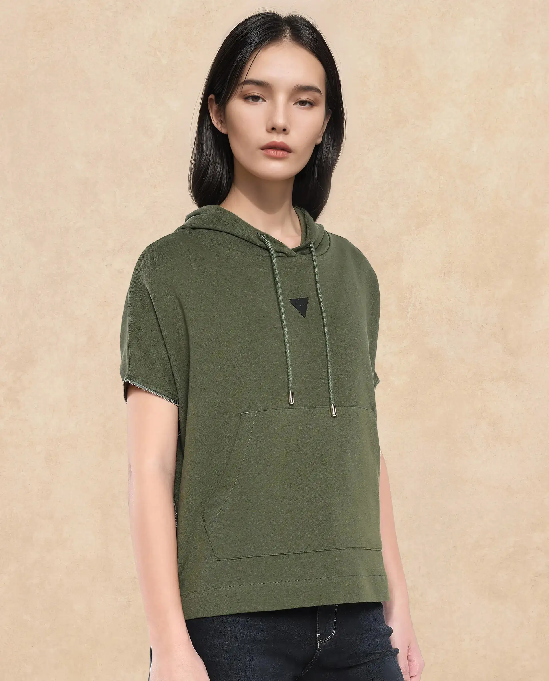 Rareism Women's Matthew Olive Cotton Blend Hooded Plain Extended Sleeves Relaxed Fit Sweatshirt - Image 4