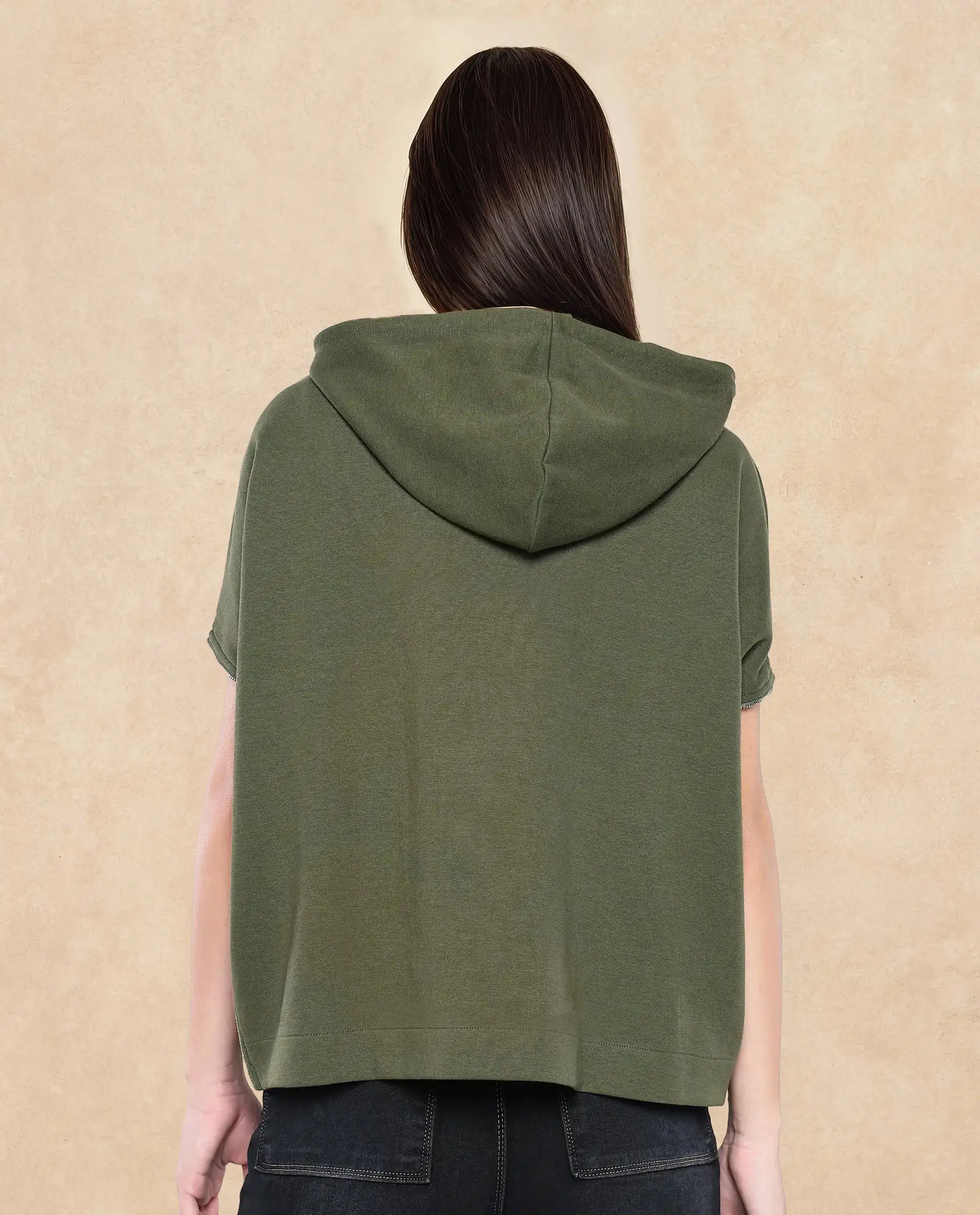 Rareism Women's Matthew Olive Cotton Blend Hooded Plain Extended Sleeves Relaxed Fit Sweatshirt - Image 5
