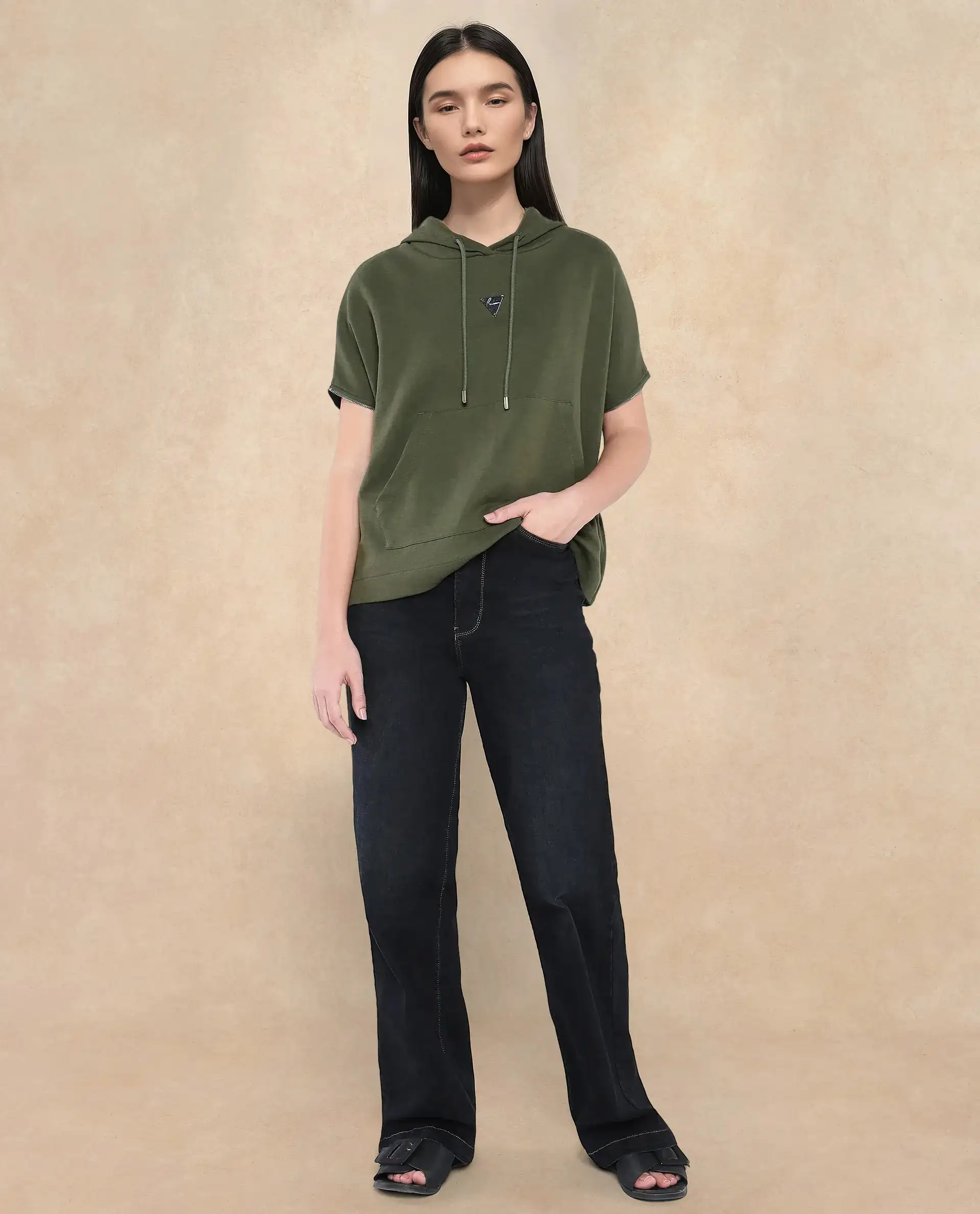 Rareism Women's Matthew Olive Cotton Blend Hooded Plain Extended Sleeves Relaxed Fit Sweatshirt - Image 6