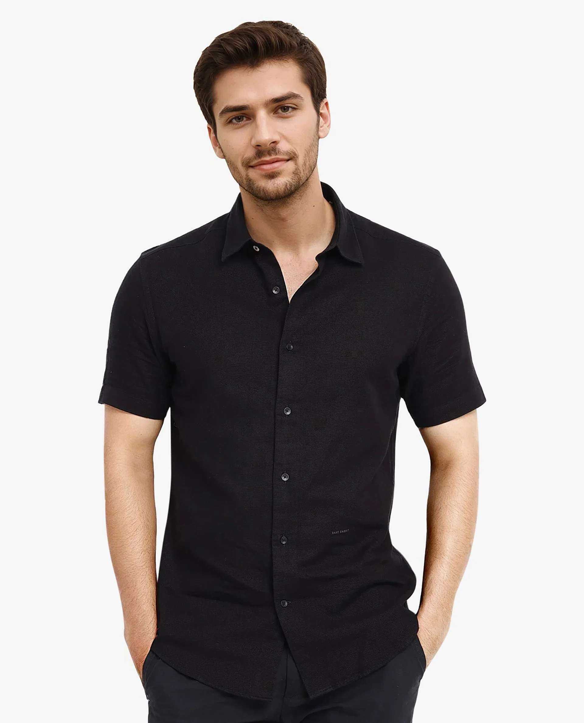Rare Rabbit Men's Matto-1 Black Cotton Striped Print Boxy Fit Half Sleeve Collared Shirt - Image 2