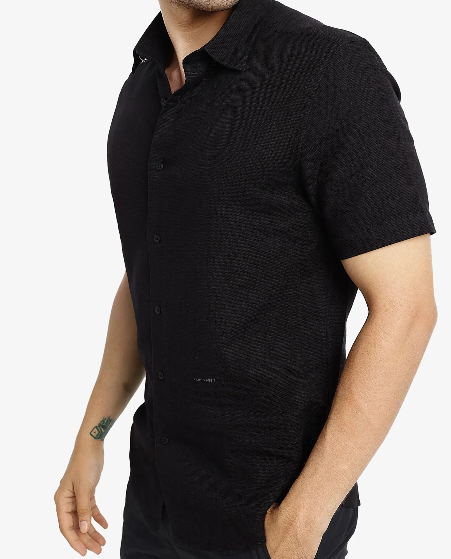 Rare Rabbit Men's Matto-1 Black Cotton Striped Print Boxy Fit Half Sleeve Collared Shirt - Image 5