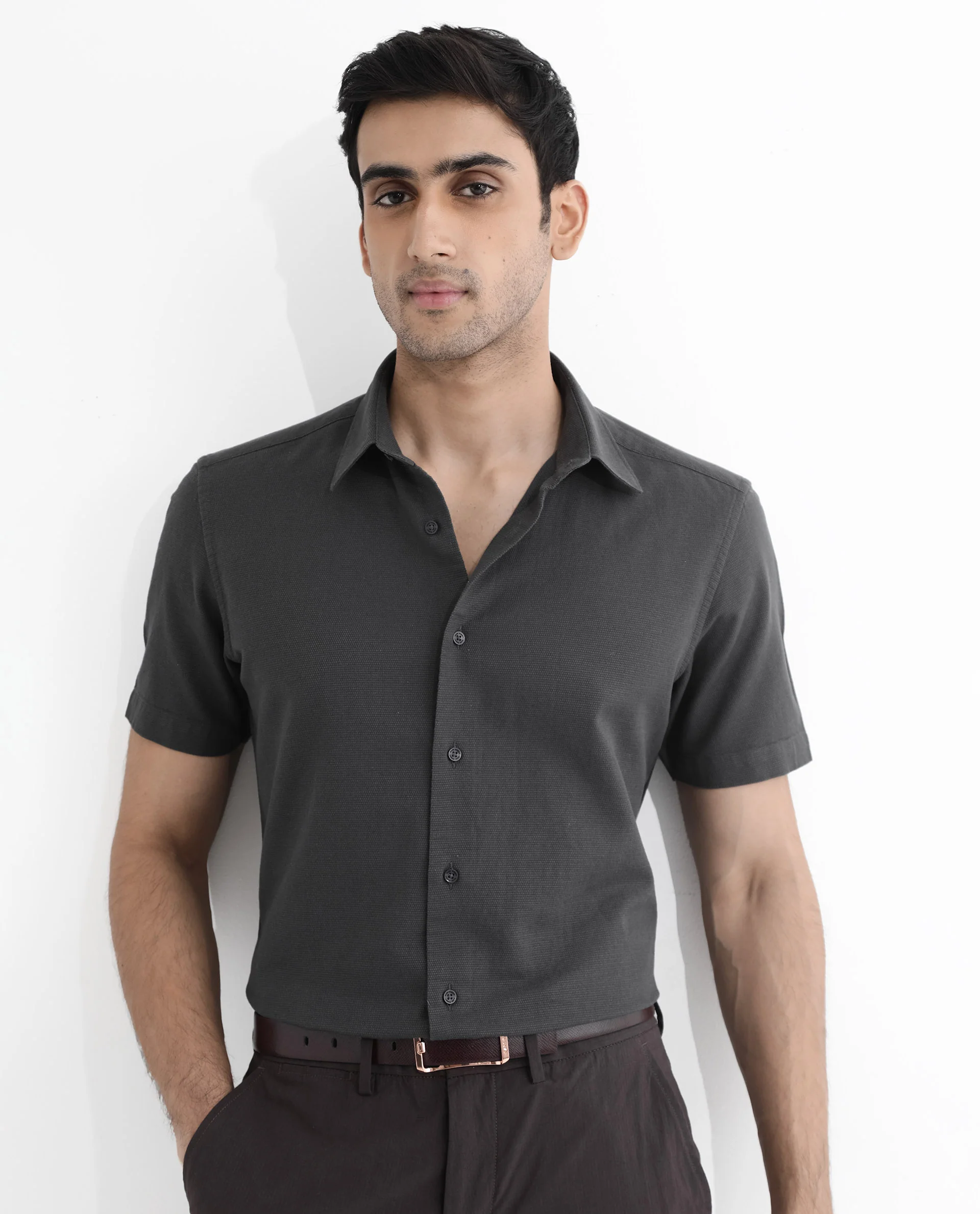 Rare Rabbit Men's Matto-1 Dark Grey Cotton Striped Print Boxy Fit Half Sleeve Collared Shirt - Image 4