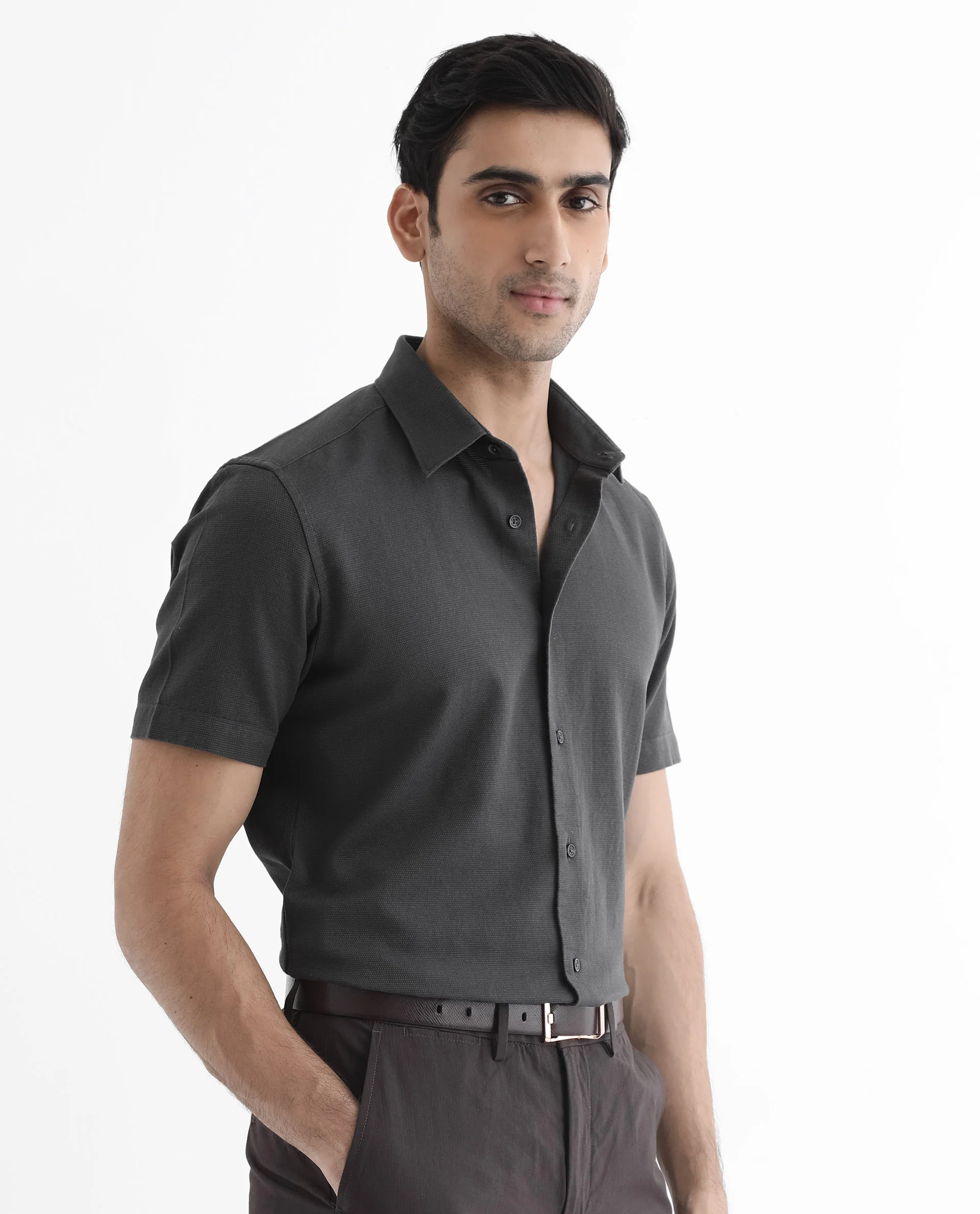 Rare Rabbit Men's Matto-1 Dark Grey Cotton Striped Print Boxy Fit Half Sleeve Collared Shirt - Image 6