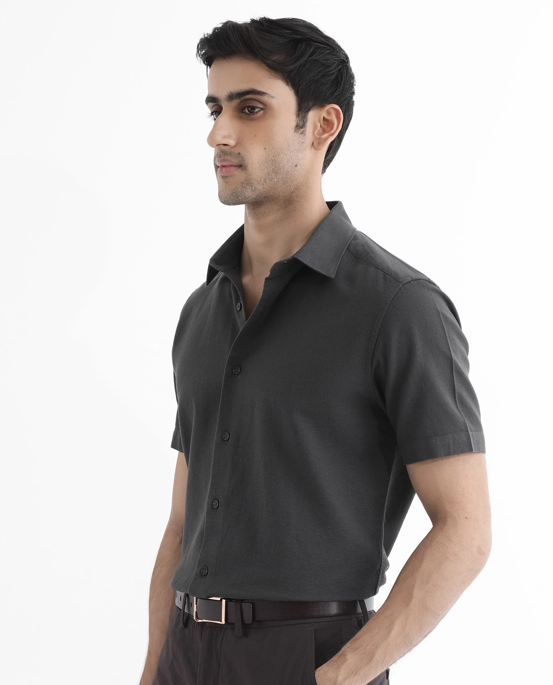 Rare Rabbit Men's Matto-1 Dark Grey Cotton Striped Print Boxy Fit Half Sleeve Collared Shirt - Image 8