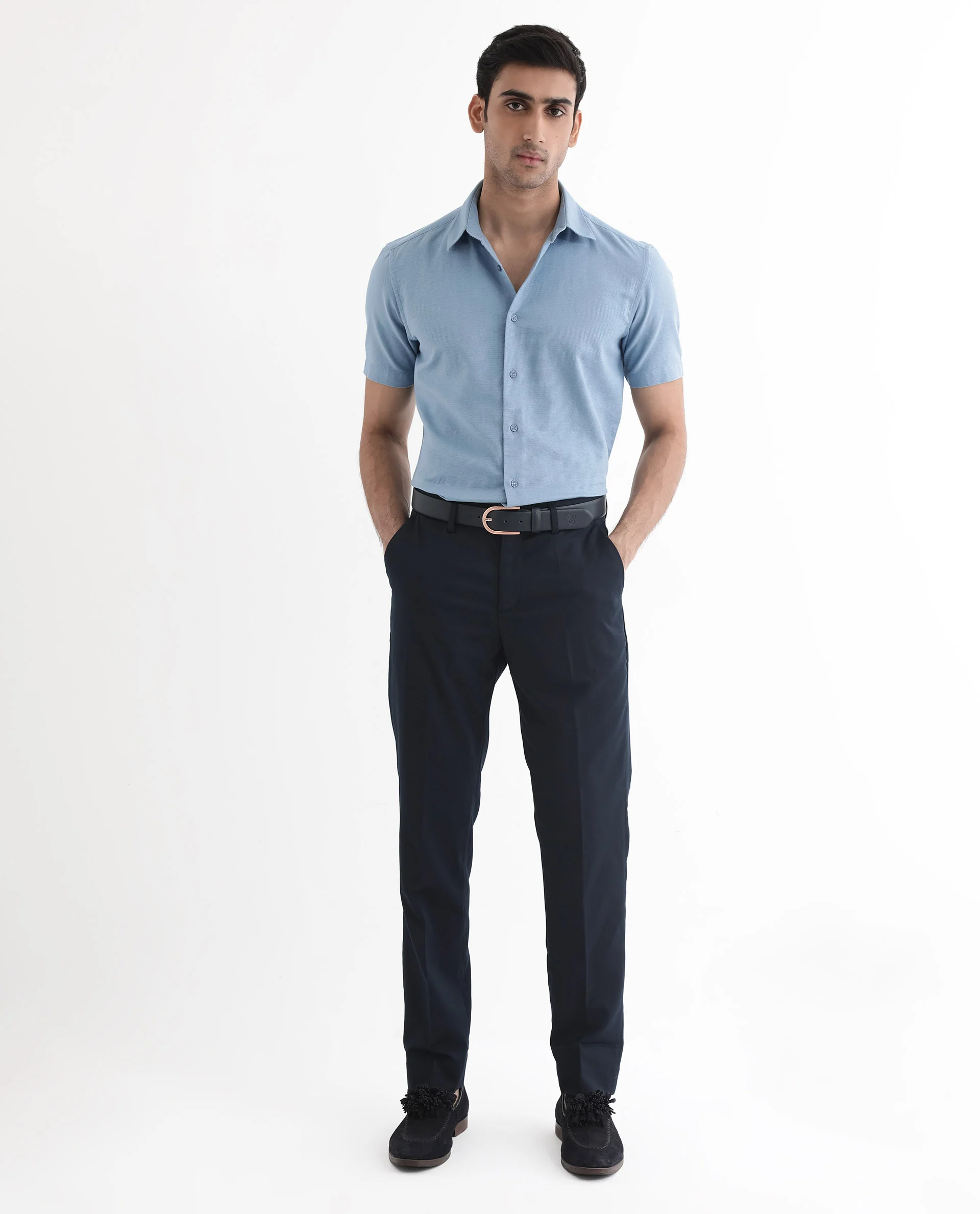 Rare Rabbit Men's Matto-1 Dusky Blue Cotton Striped Print Boxy Fit Half Sleeve Collared Shirt - Image 2