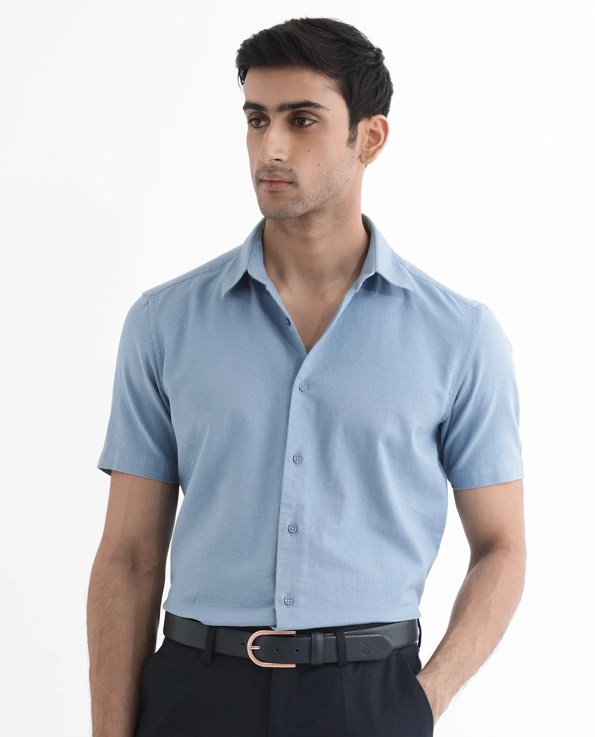 Rare Rabbit Men's Matto-1 Dusky Blue Cotton Striped Print Boxy Fit Half Sleeve Collared Shirt - Image 4