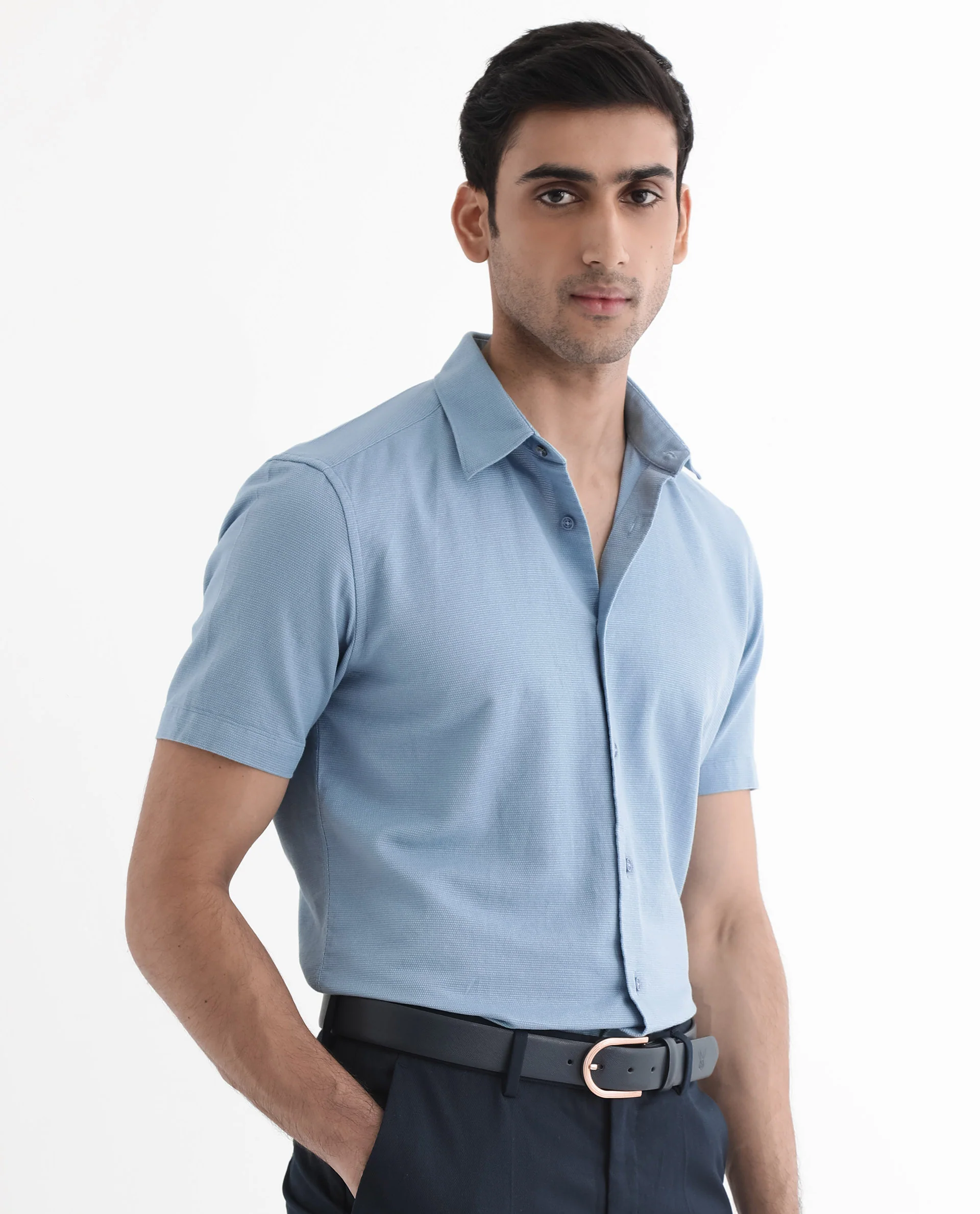 Rare Rabbit Men's Matto-1 Dusky Blue Cotton Striped Print Boxy Fit Half Sleeve Collared Shirt - Image 6