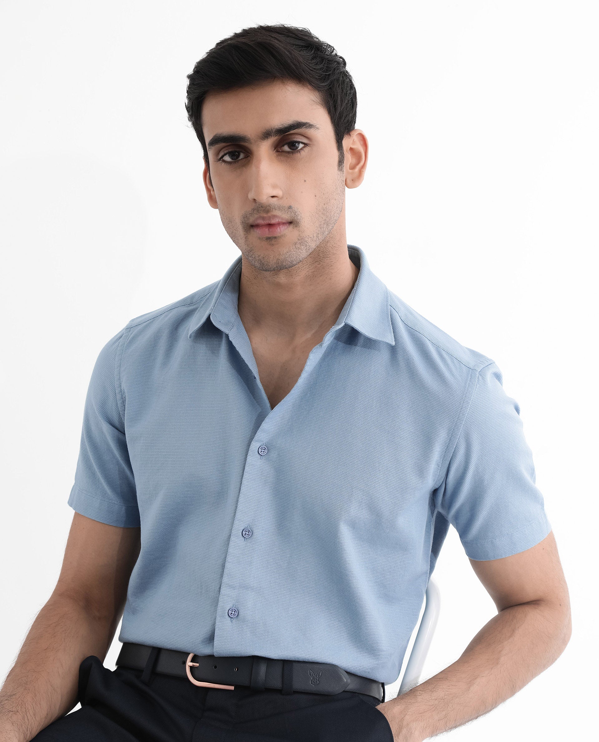 Rare Rabbit Men's Matto-1 Dusky Blue Cotton Striped Print Boxy Fit Half Sleeve Collared Shirt - Image 9