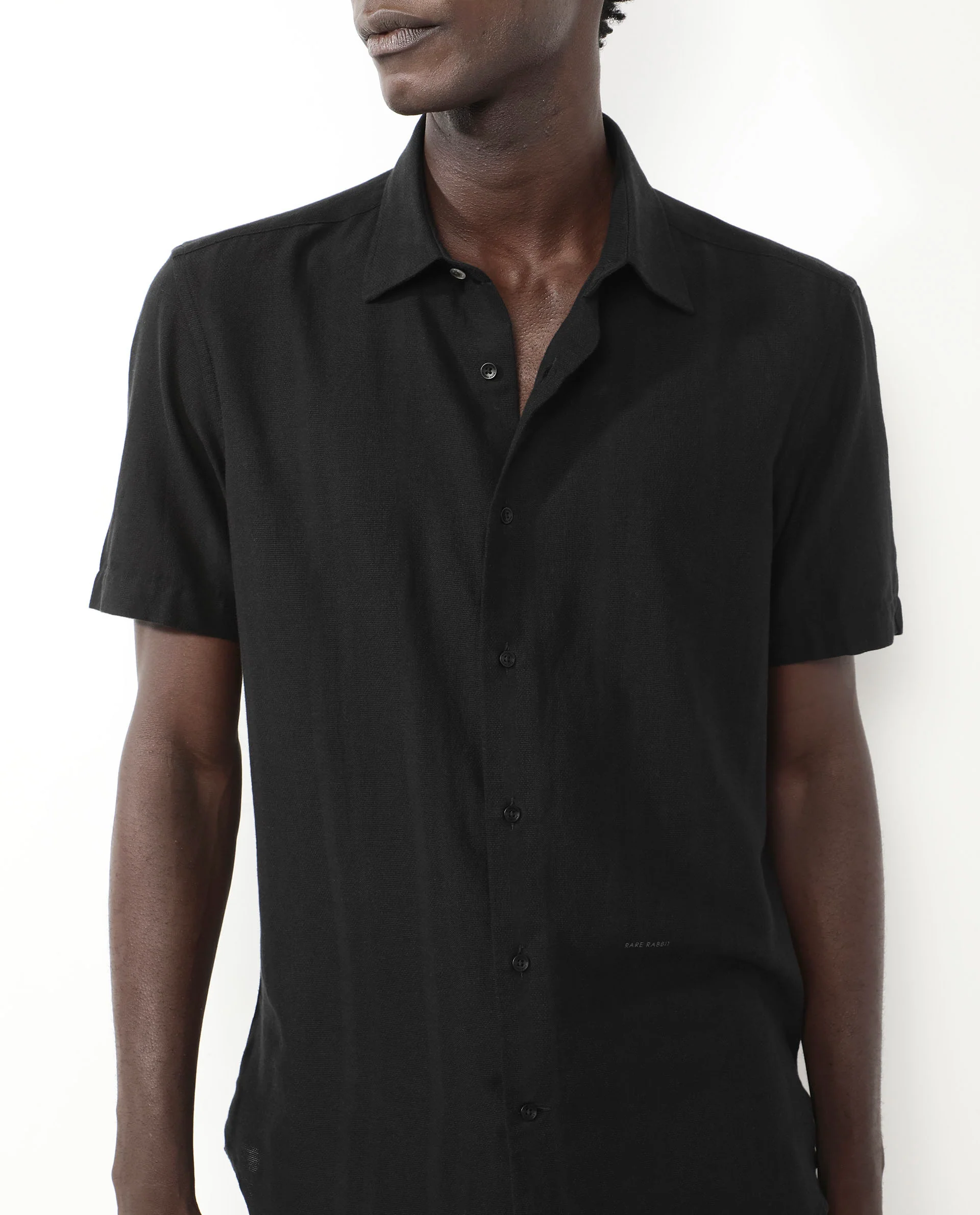 Rare Rabbit Men's Matto Black Cotton Striped Print Regular Fit Half Sleeve Collared Shirt - Image 3