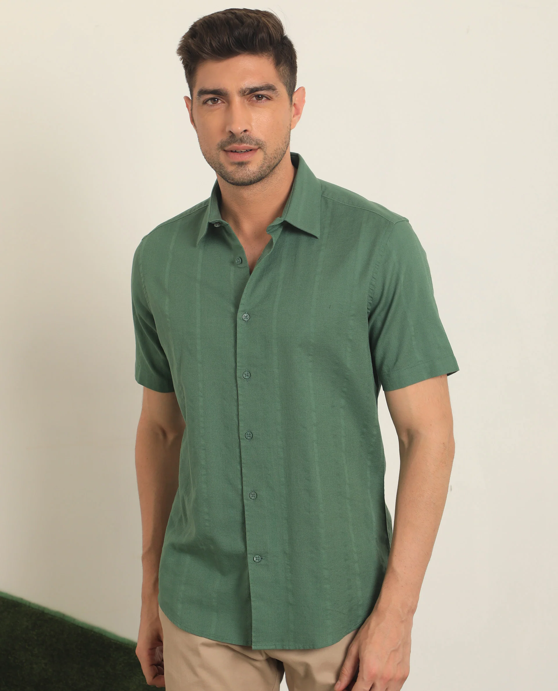 Rare Rabbit Men's Matto Green Cotton Striped Print Regular Fit Half Sleeve Collared Shirt
